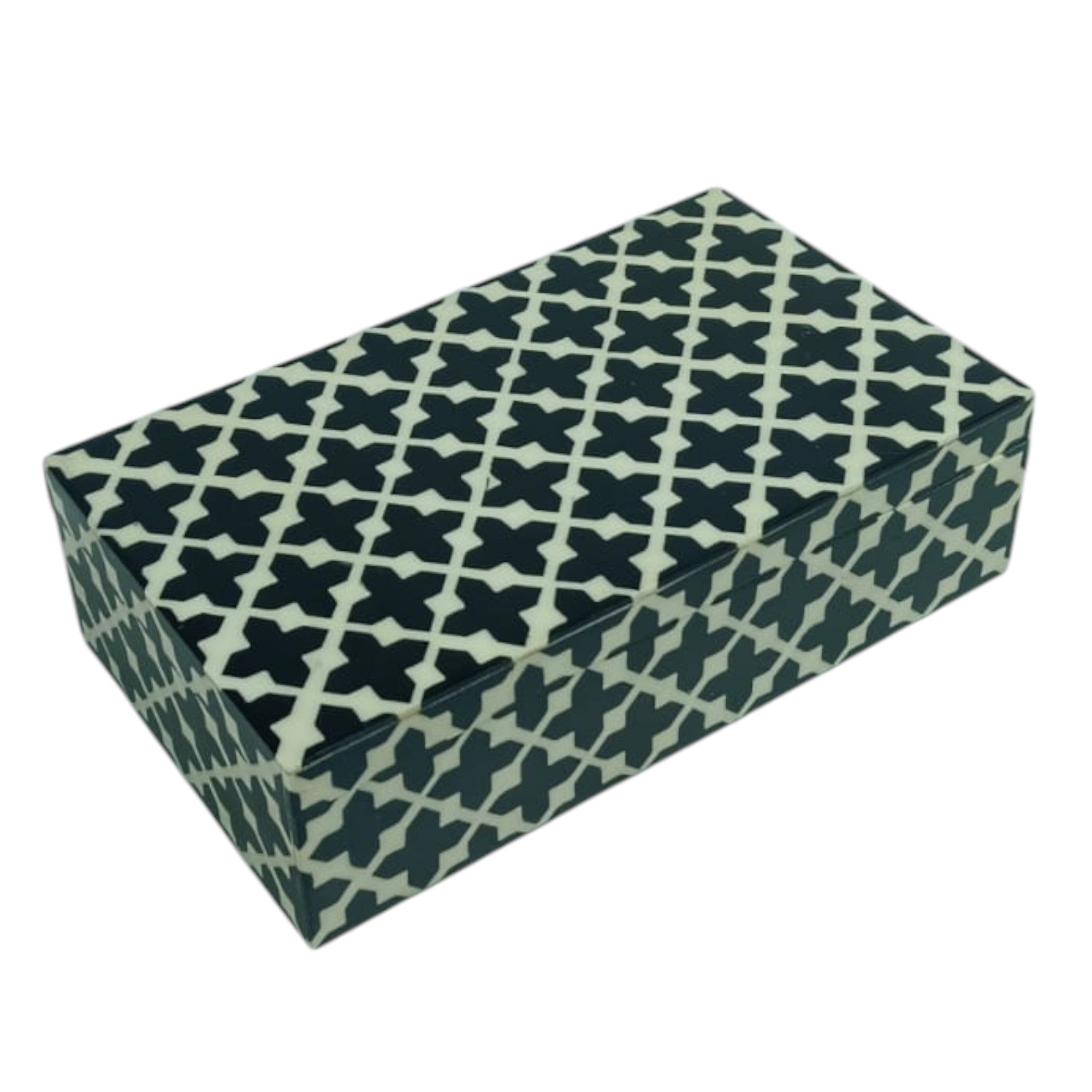 Geometric Lattice Storage Box - Black and Cream Bone Inlay Style
