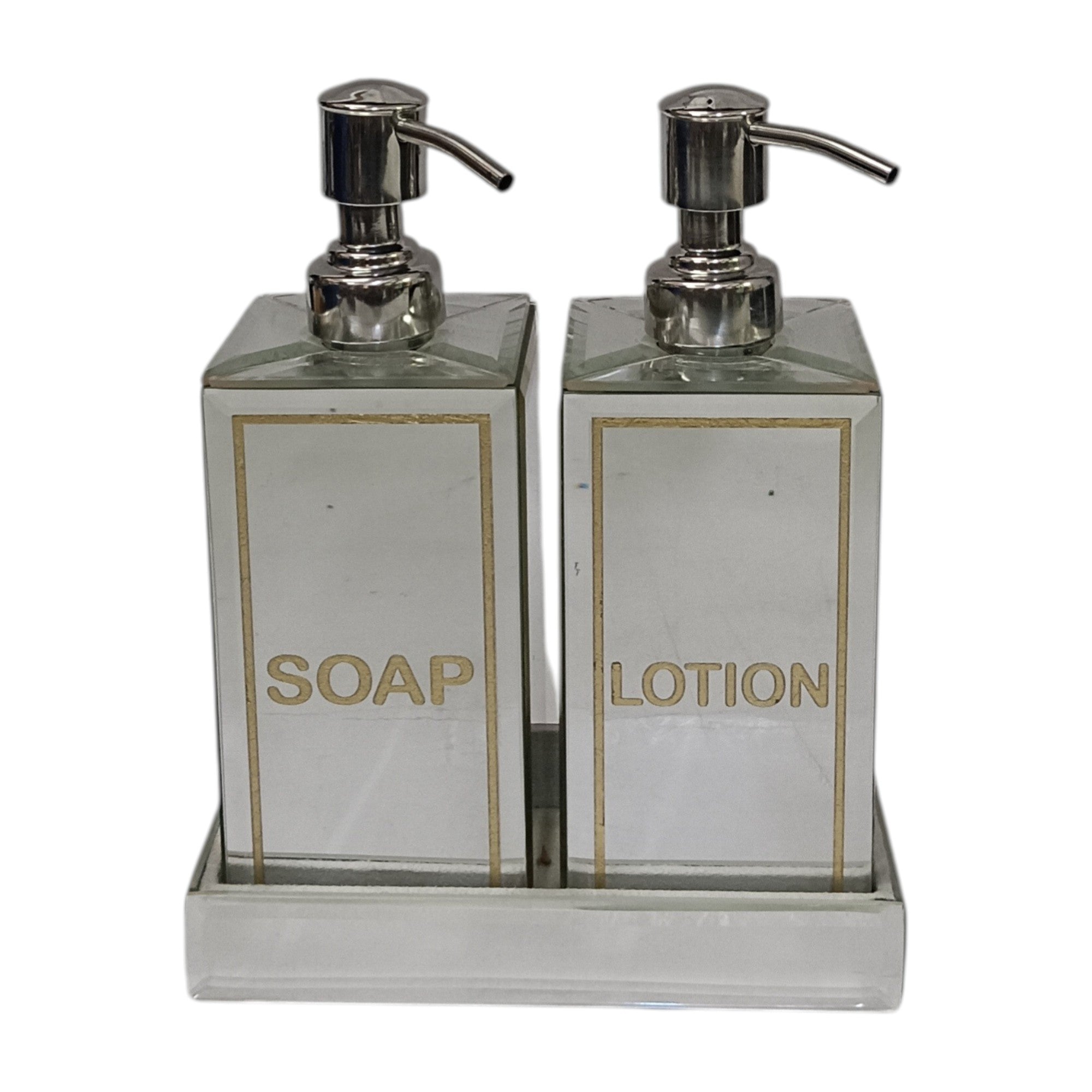 Three-Piece Silver Glass Lotion and Soap Dispenser Set for Modern Bathrooms