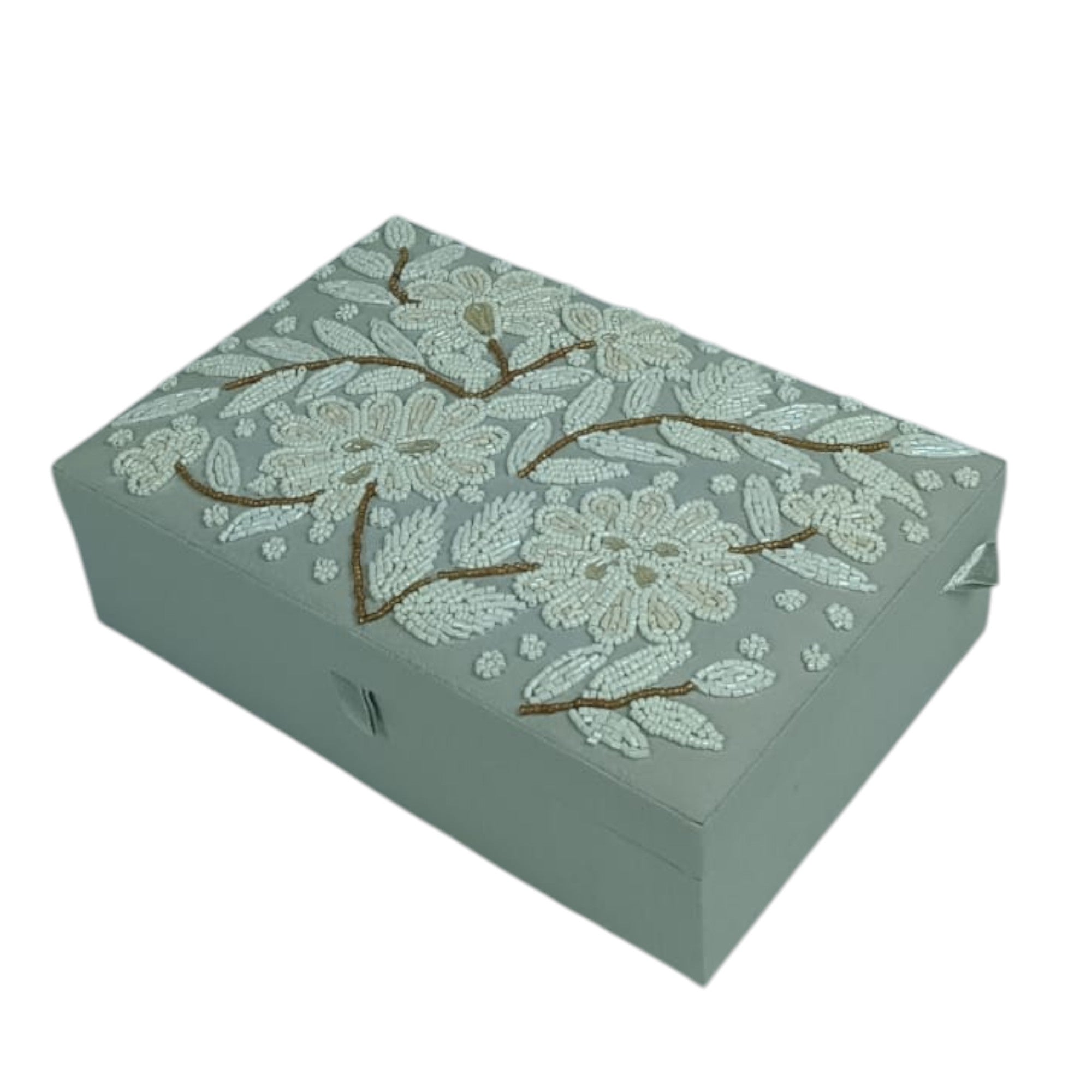 Elegant Sage Storage Box with Seed Bead Embroidery