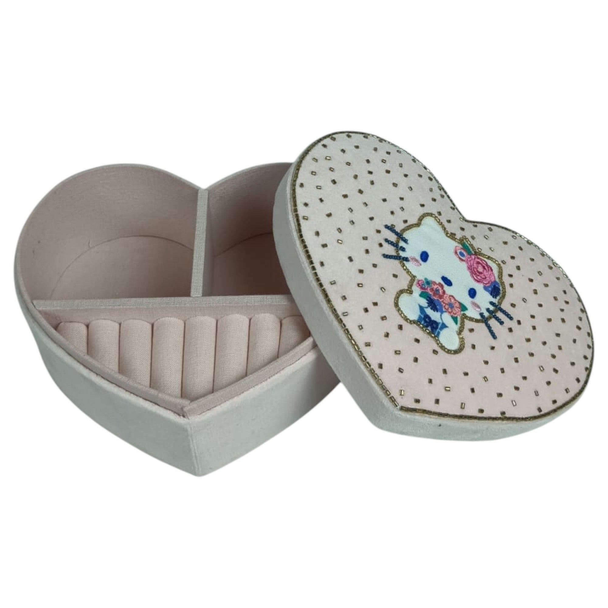Heart-Shaped Hello Kitty Embroidered Jewelry Box with Ring Rolls