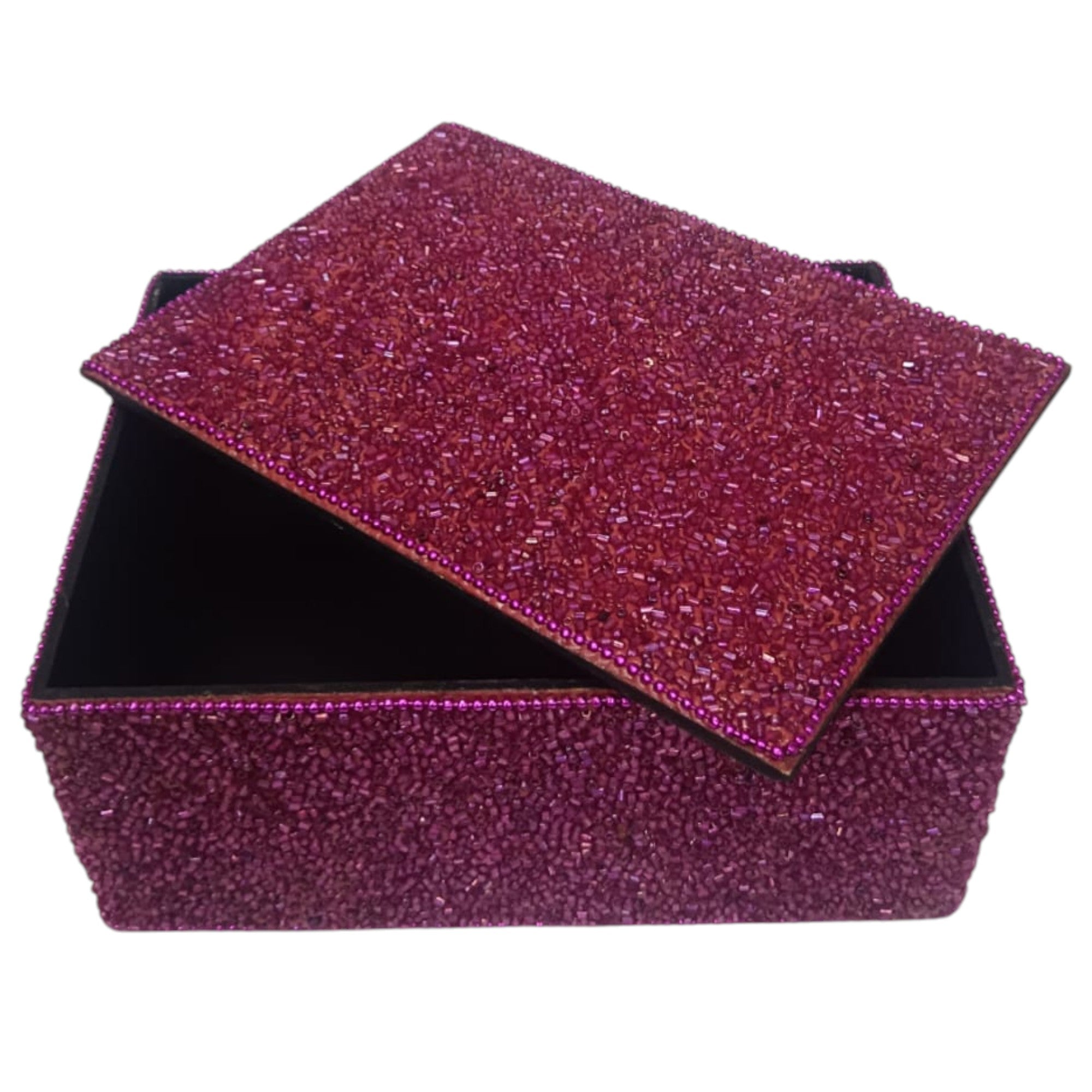 Hand-Beaded Jewelry Box with Deep Purple Trim