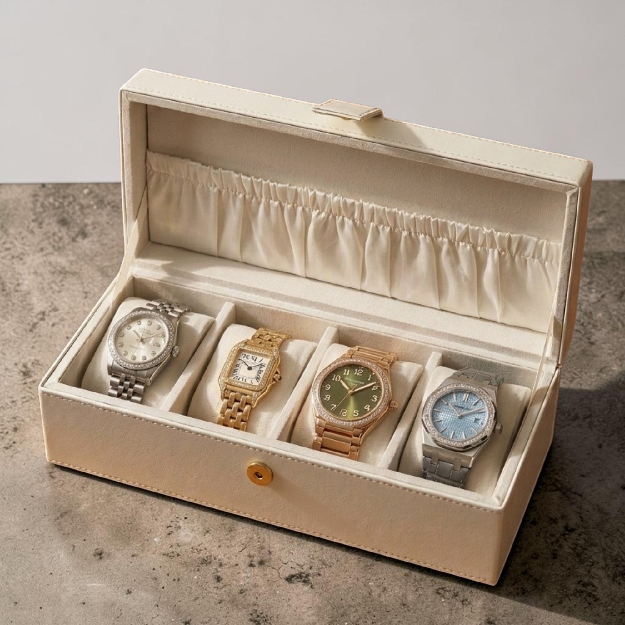  High-Quality Ivory PU Watch Box with Four Compartments 