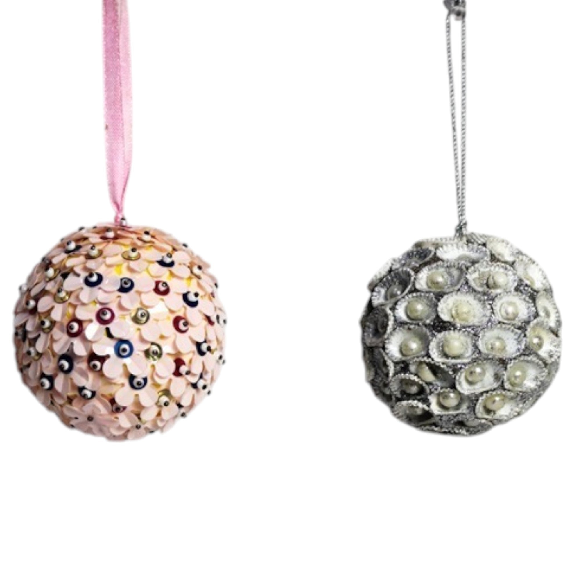  Set of 2 Pink & Silver Christmas Hanging Balls 