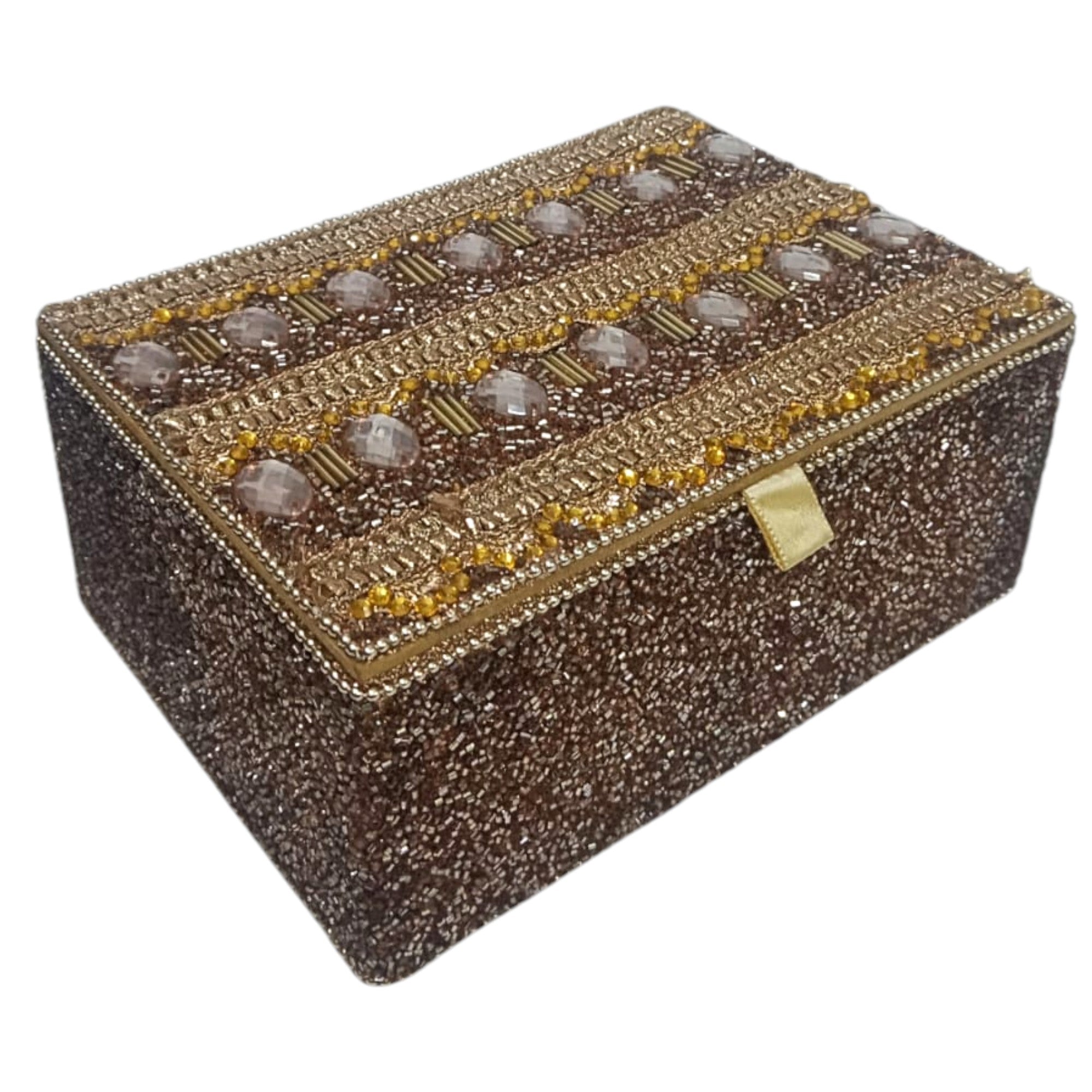 Sparkling Brown Jewelry Box with Pink Crystals and Gold Bead Patterns