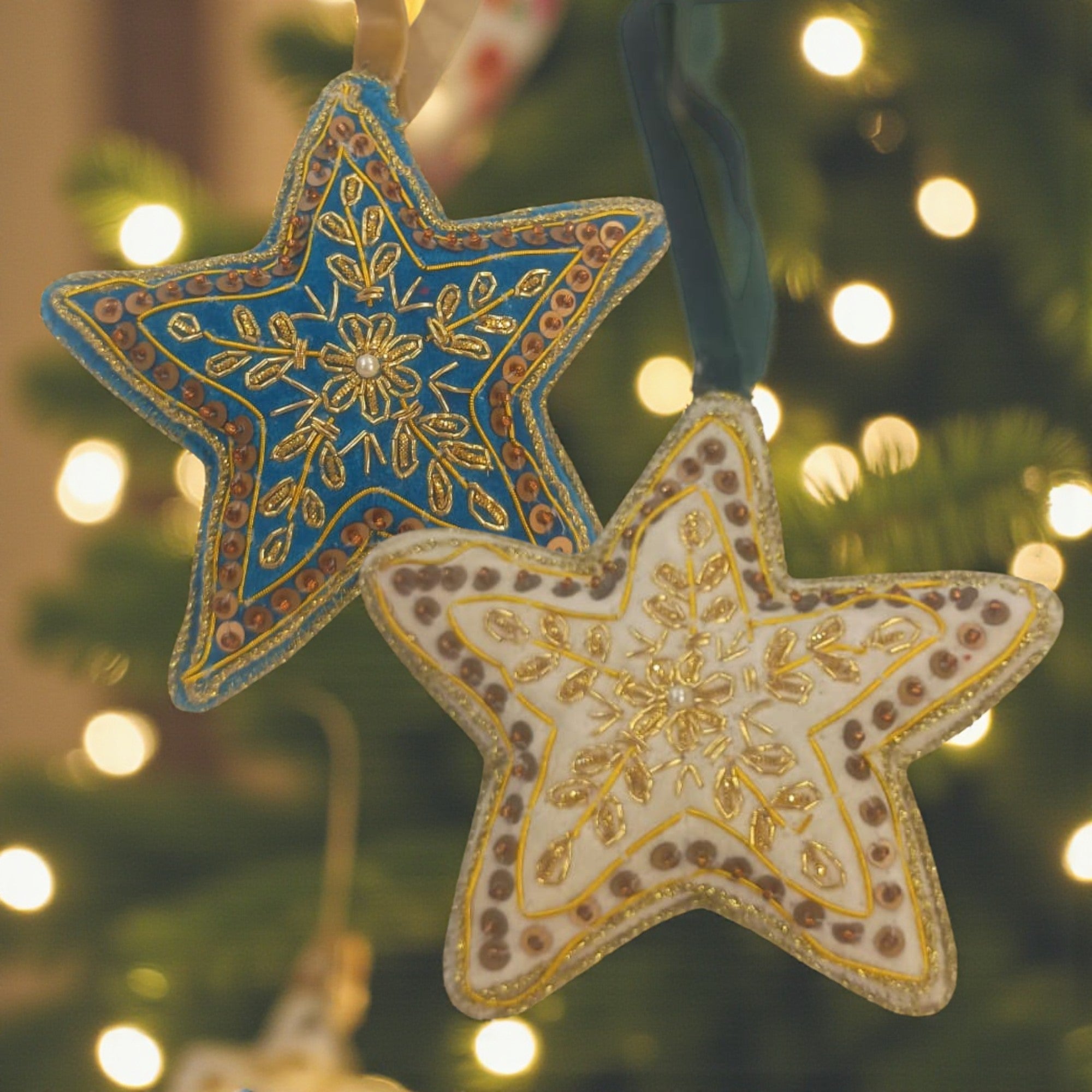  Set of 2 Embroided Star Shaped Christmas Ornament Tree Hanging 