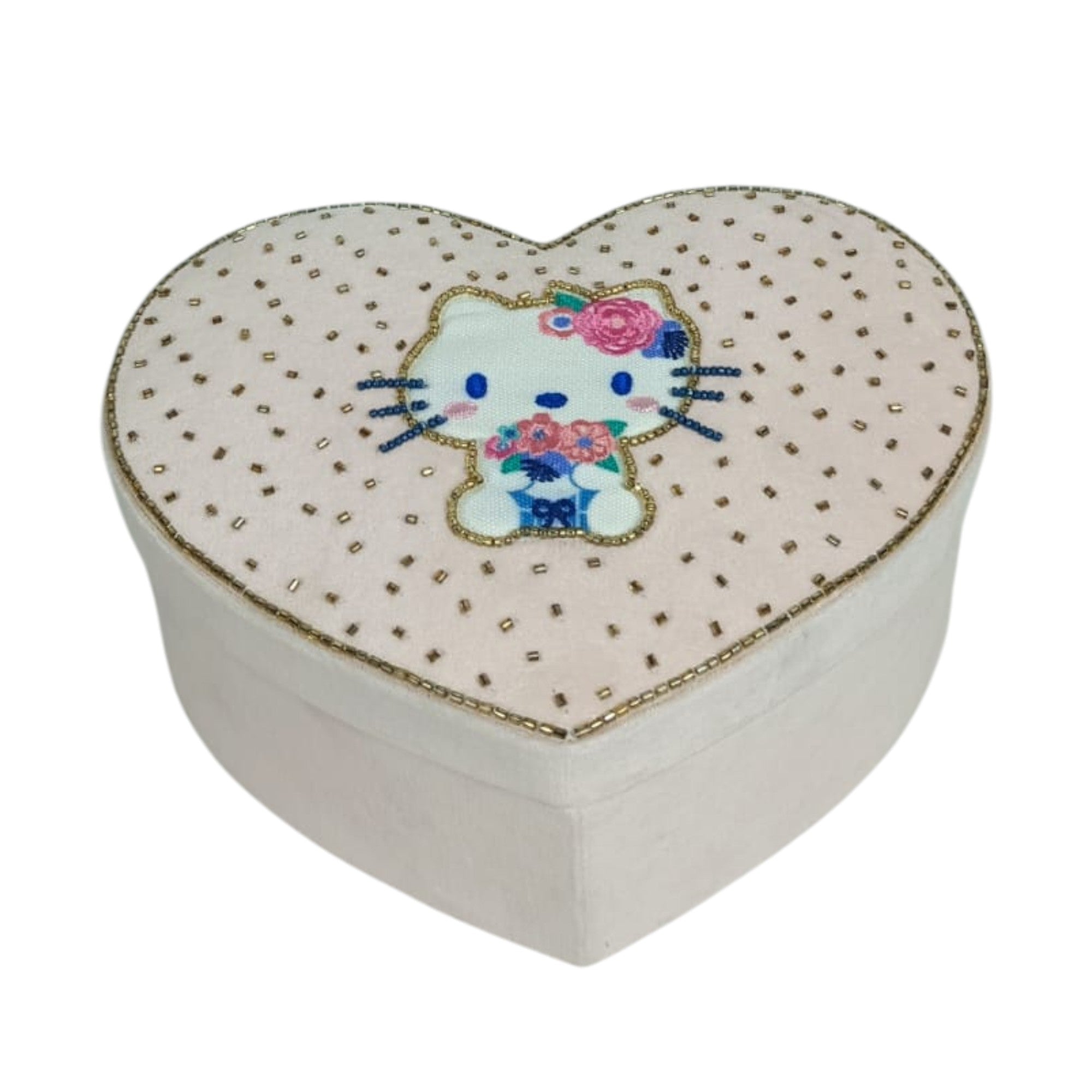 Heart-Shaped Hello Kitty Embroidered Jewelry Box with Ring Rolls