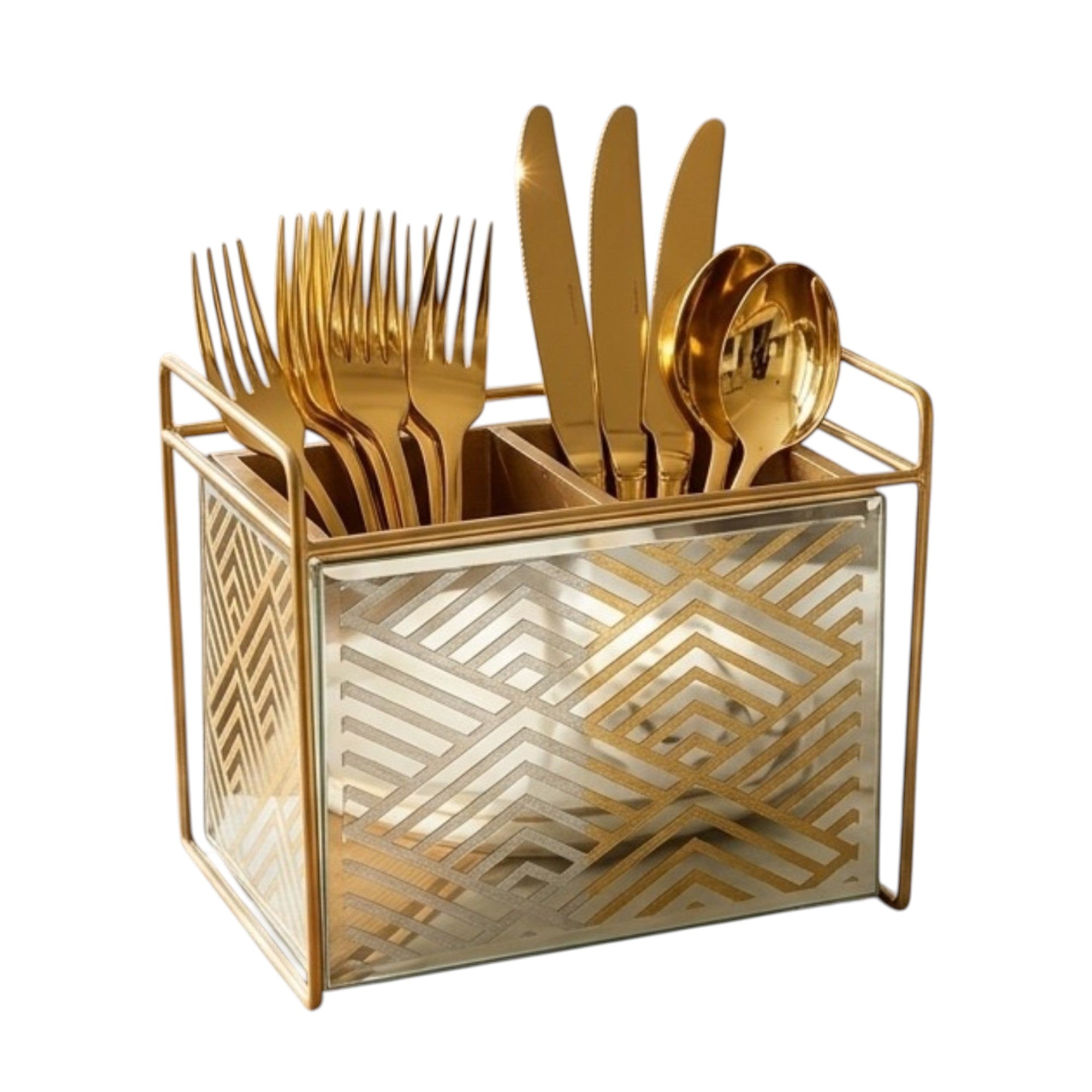Designer Geometric design Silver & Gold Glass Cutlery Holder With Two Partition