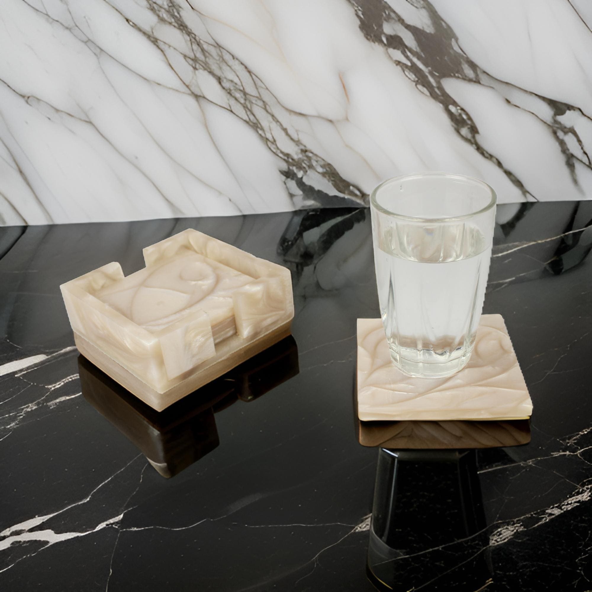 Beige Resin Coaster Set of Four with Caddy Tray