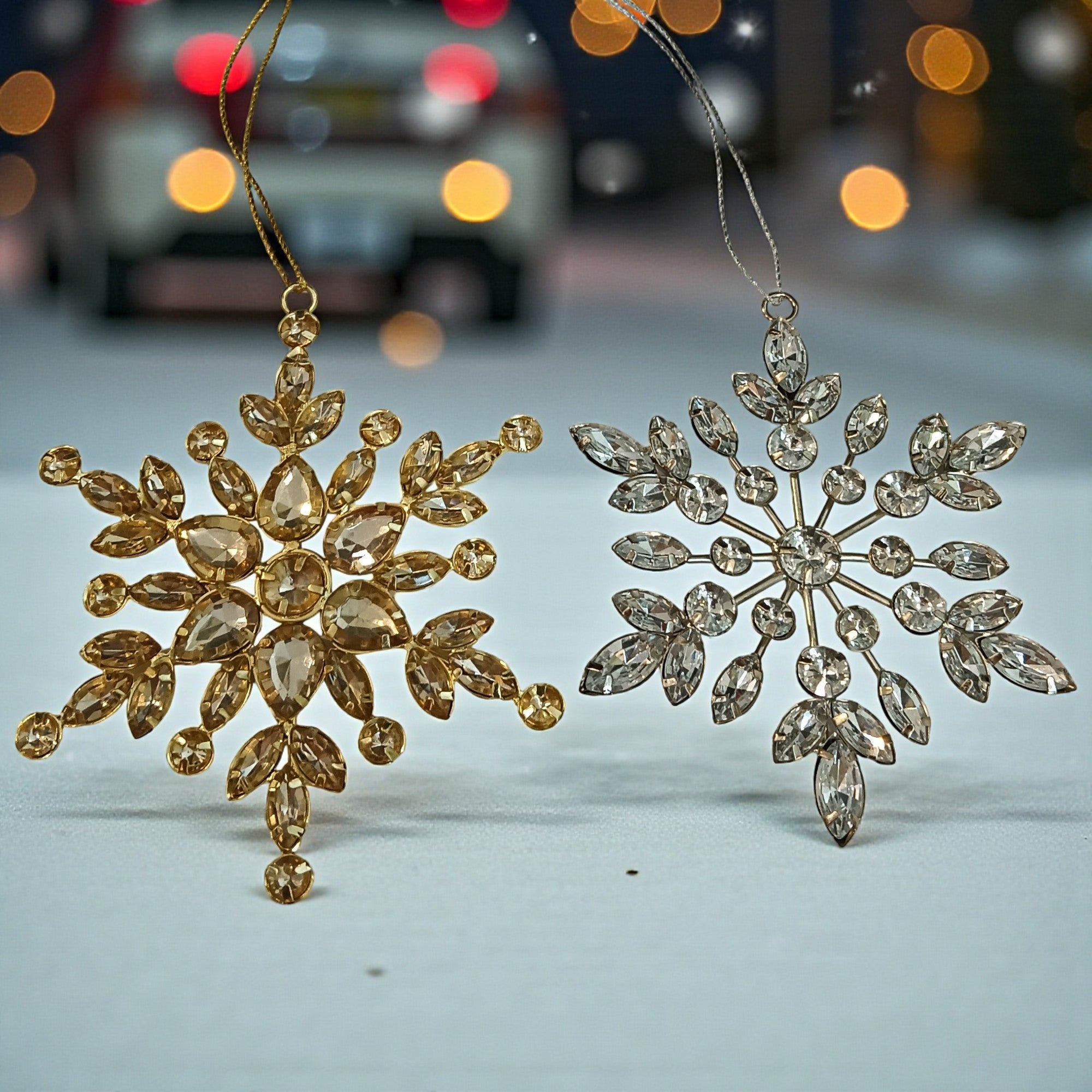 Set of 2 Jewelled Snowflake Hanging Ornaments for Christmas Tree
