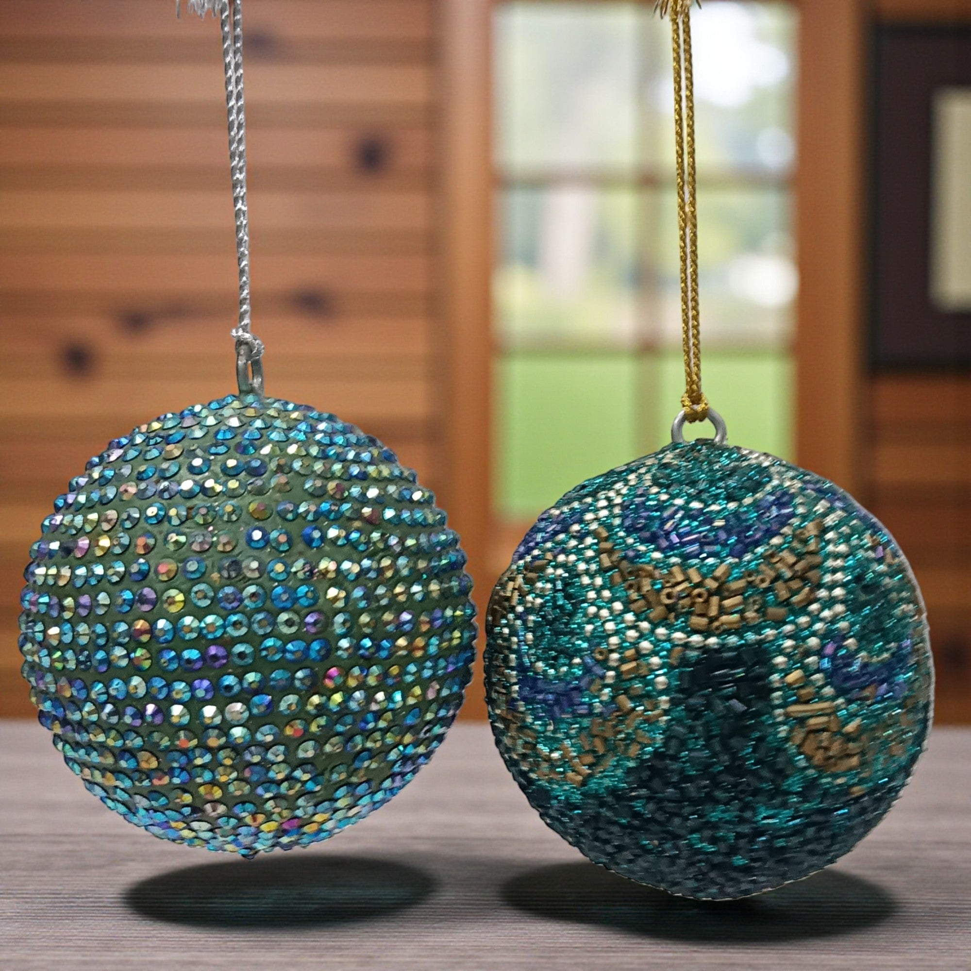Set of 2 Beaded & Glitter Balls Christmas Hangings