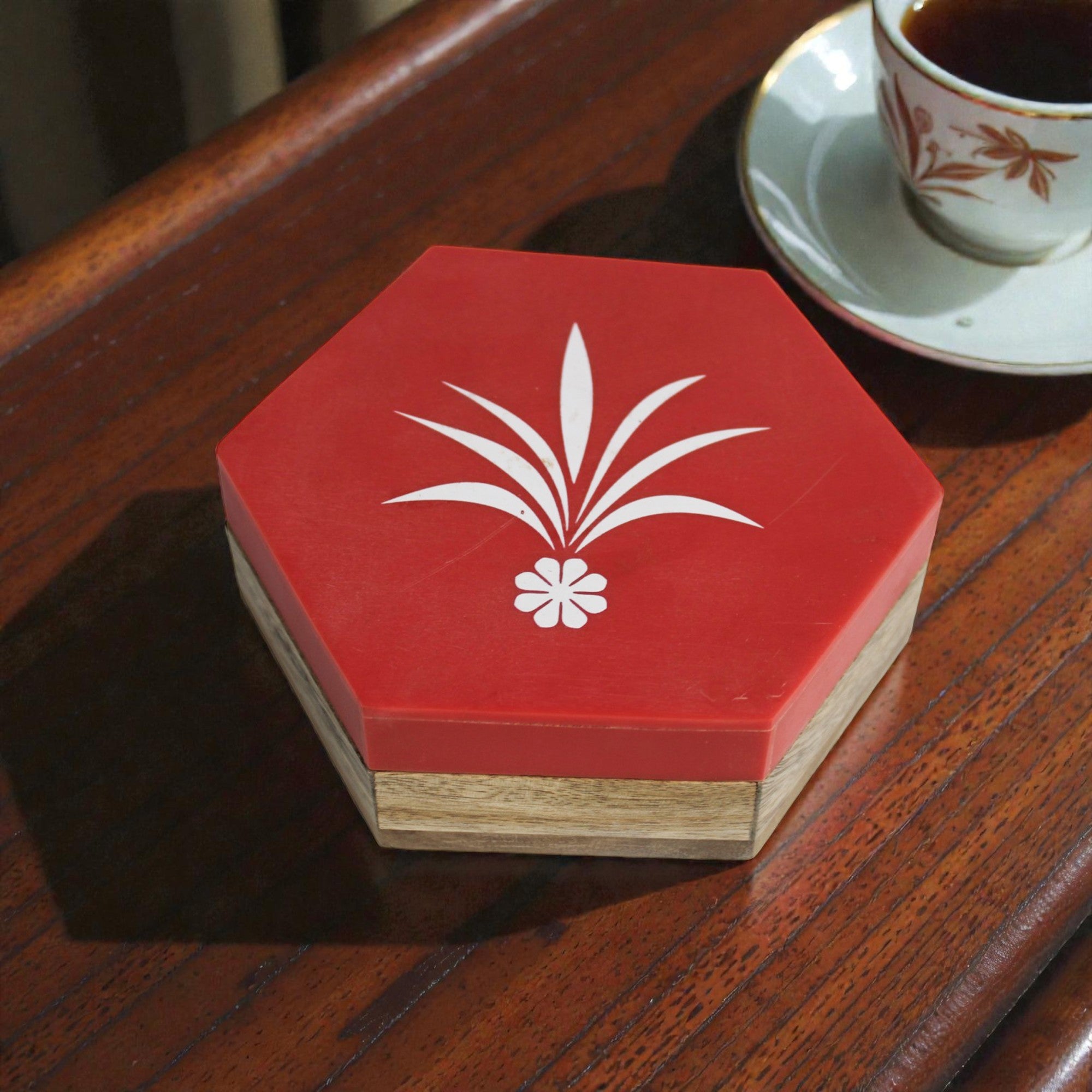 Crimson Hexagon Resin & Natural Wood Inlay Jewellery Box