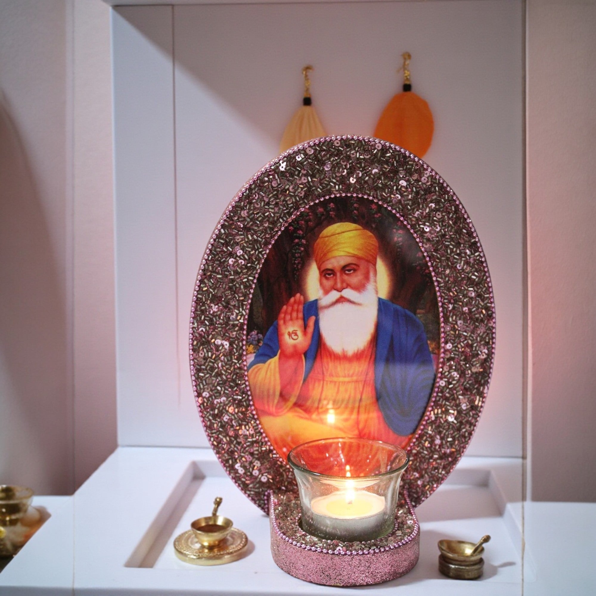 Guru Nanak Dev ji Rose Golden Photo Frame Table Top with T-Light