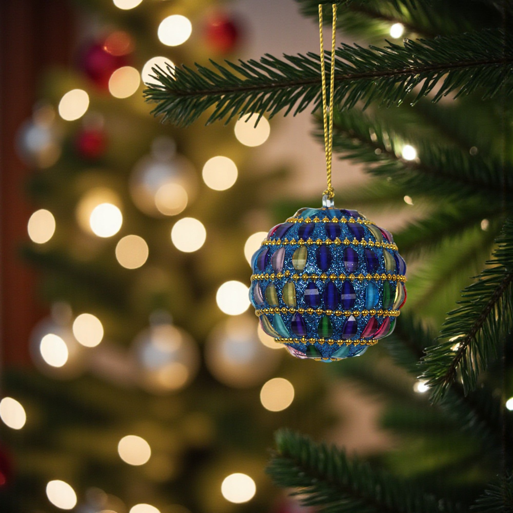 Set of 3 Blue Jewelled with Lac work for Christmas Decorative Balls