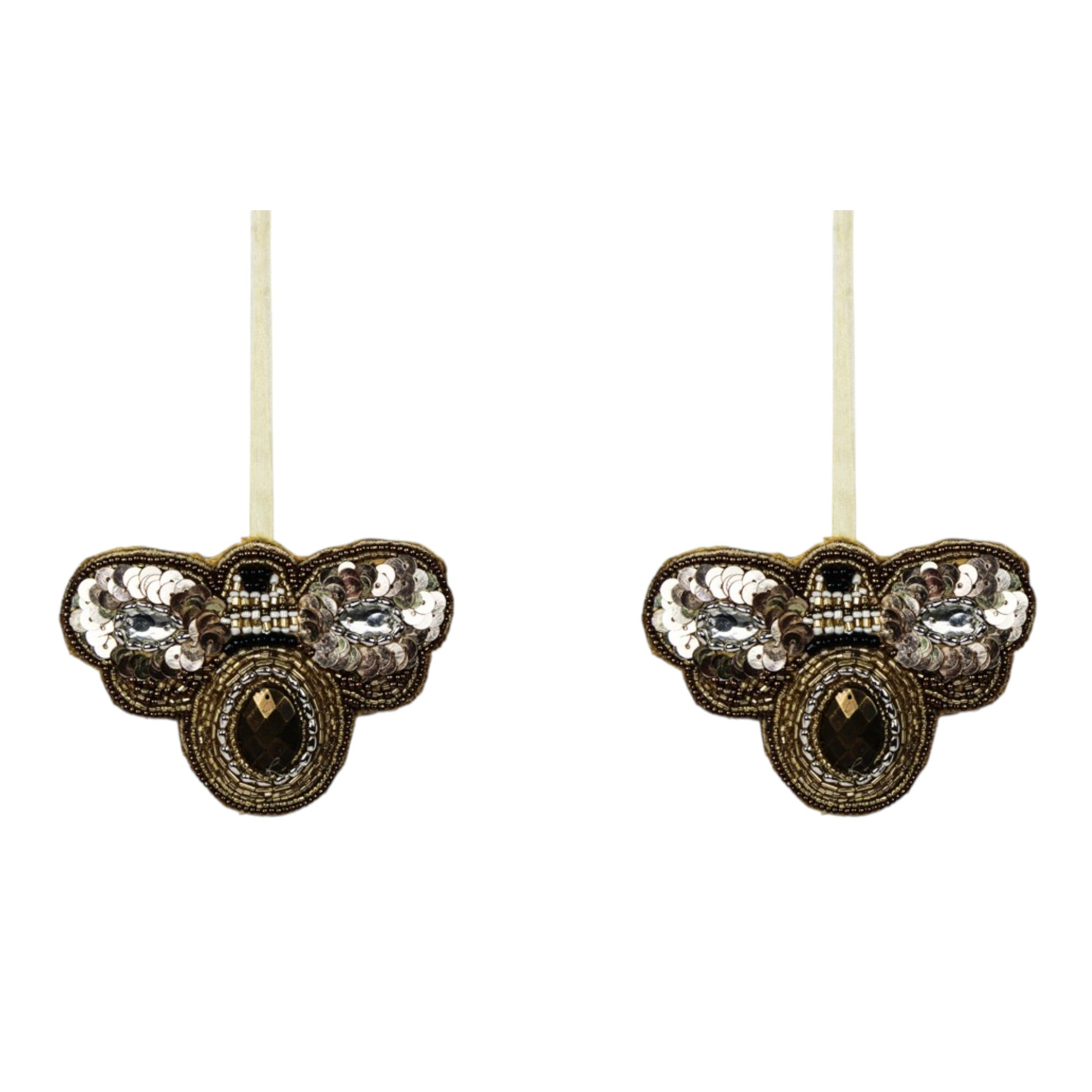 Set of 2 Beaded Bee Shaped Christmas Tree Hanging Ornaments