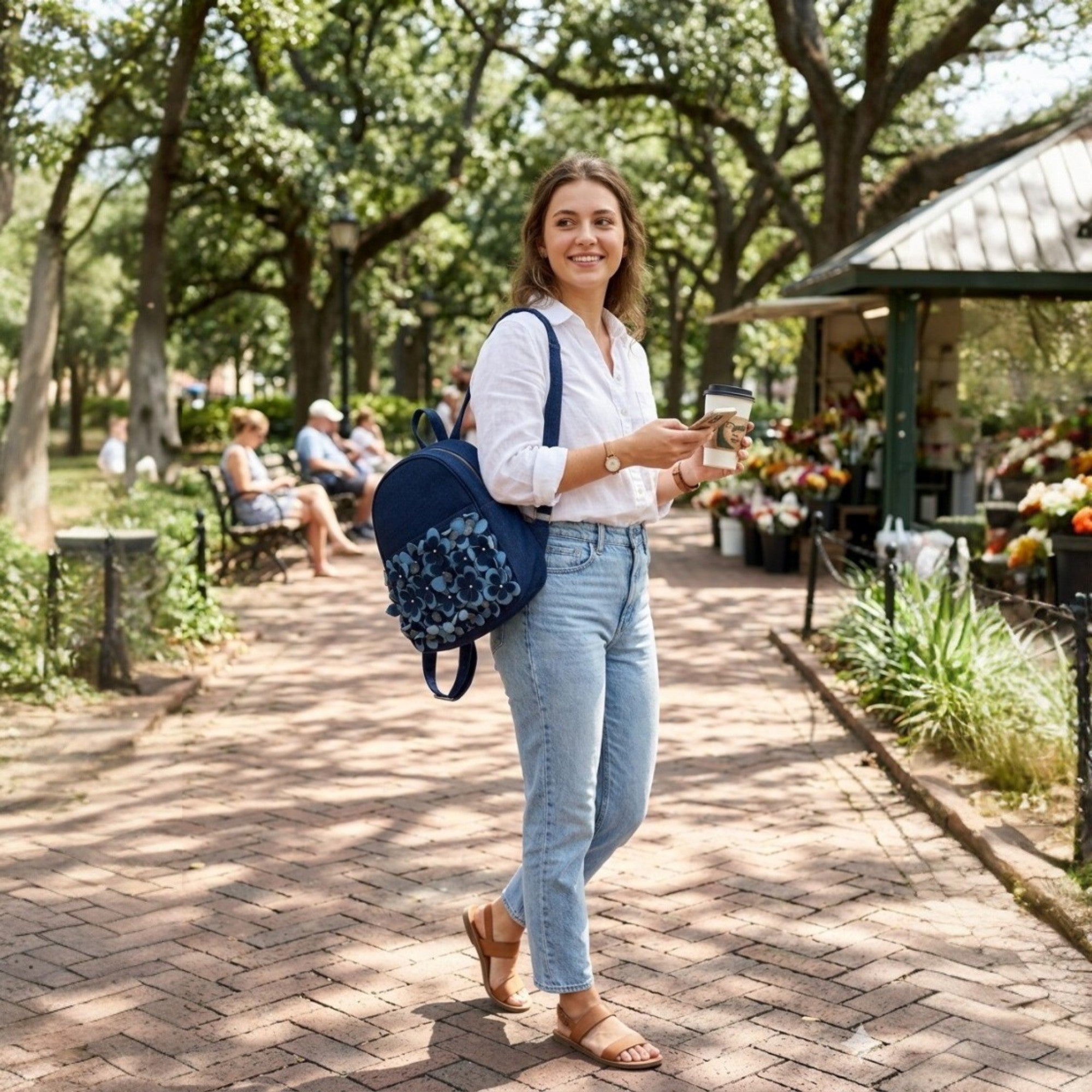  Denim Floral Appliqué Mini Backpack 