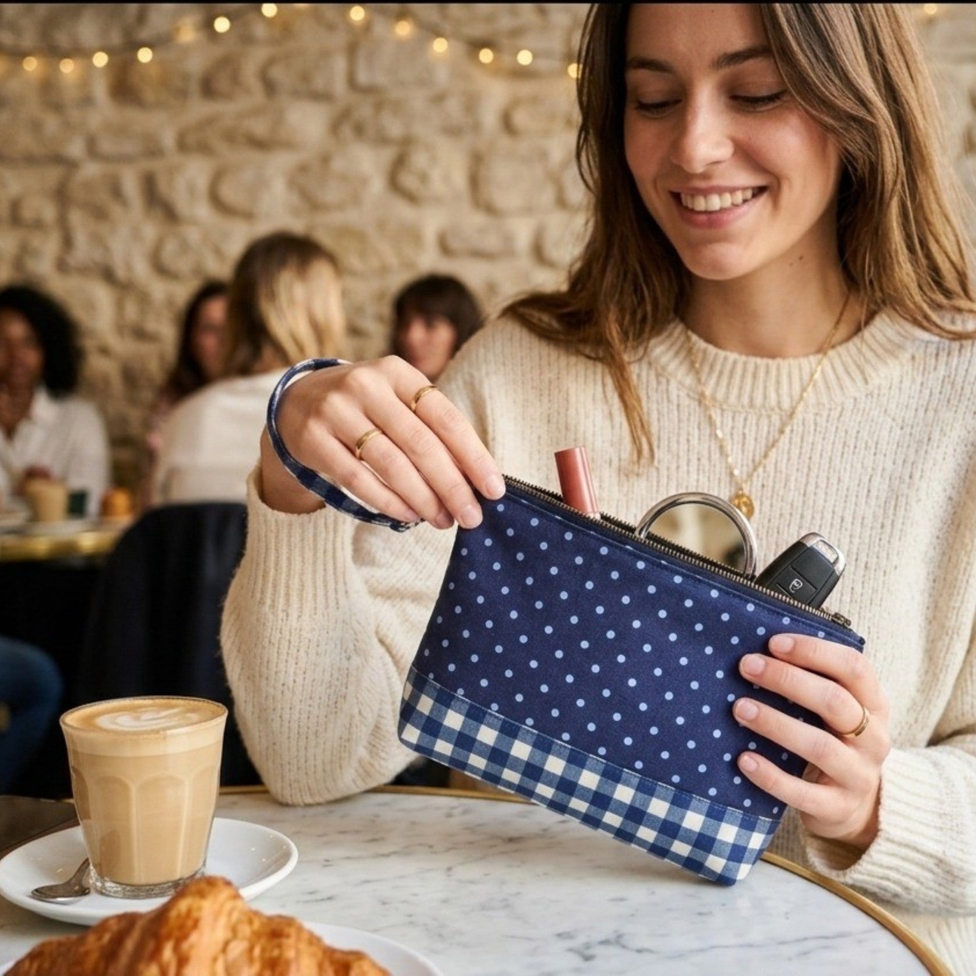  Blue Polka Dot & Gingham Check Multi-Purpose Utility Pouch/Handbag 