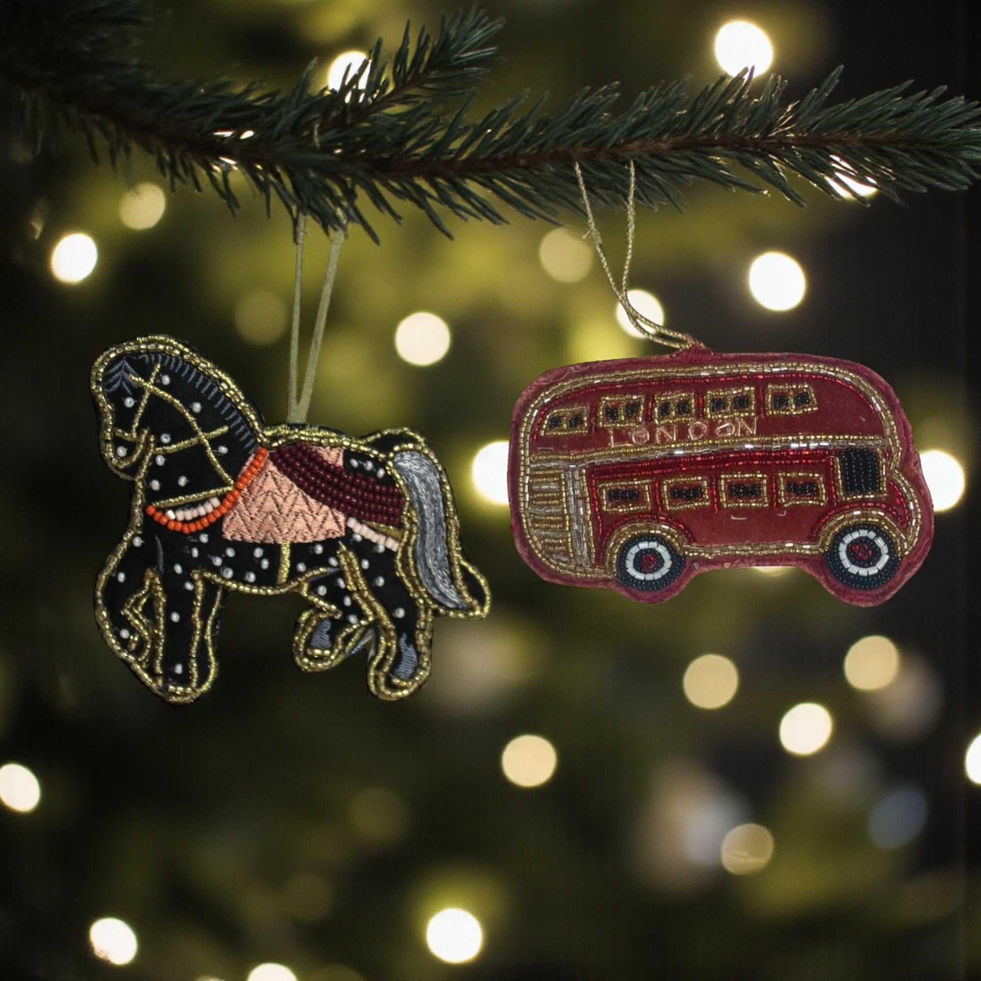  Set of 2 Embroidered Christmas Ornament Tree Hanging 