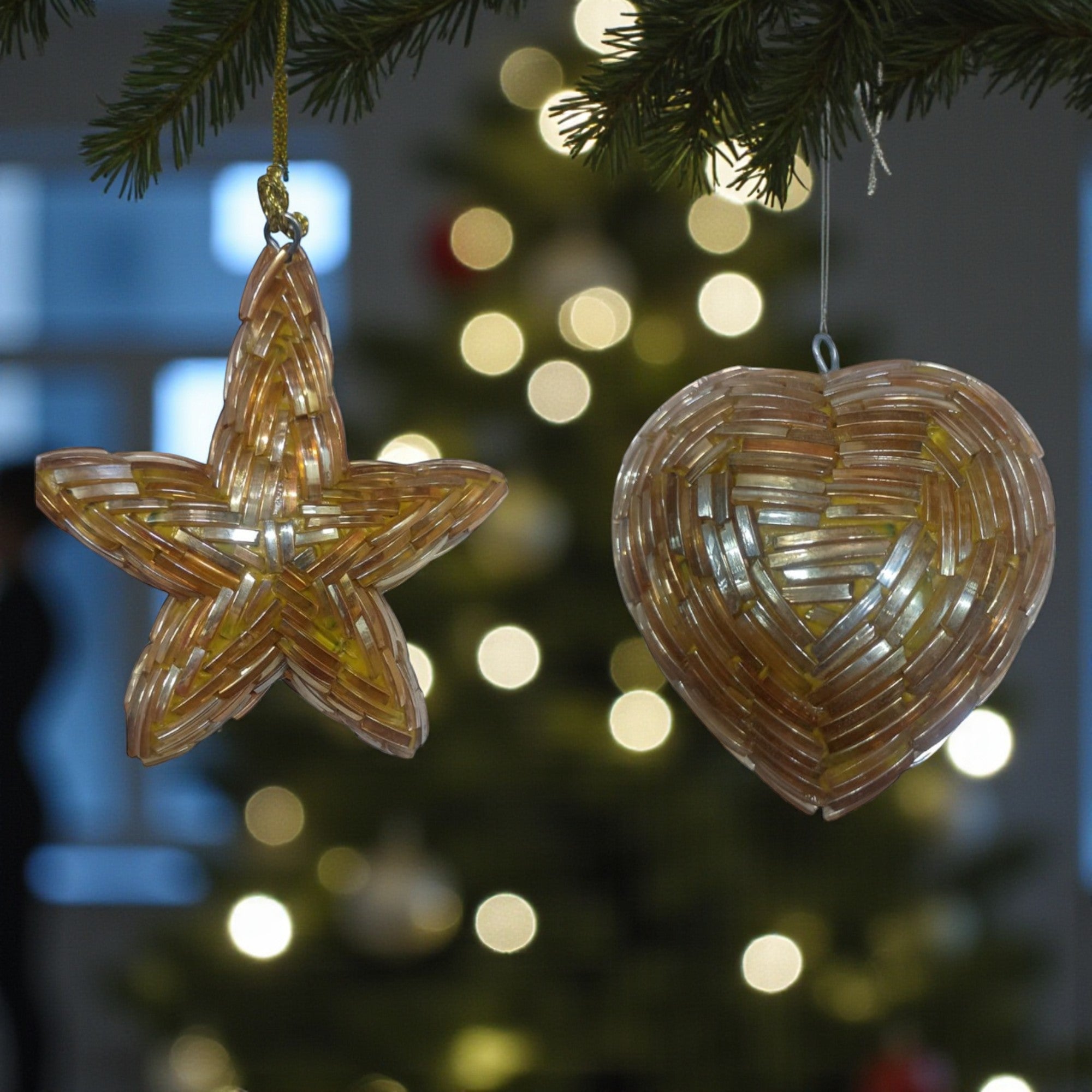  Set of 2 Glass Star Shaped and Heart Shaped Christmas Tree Ornament 