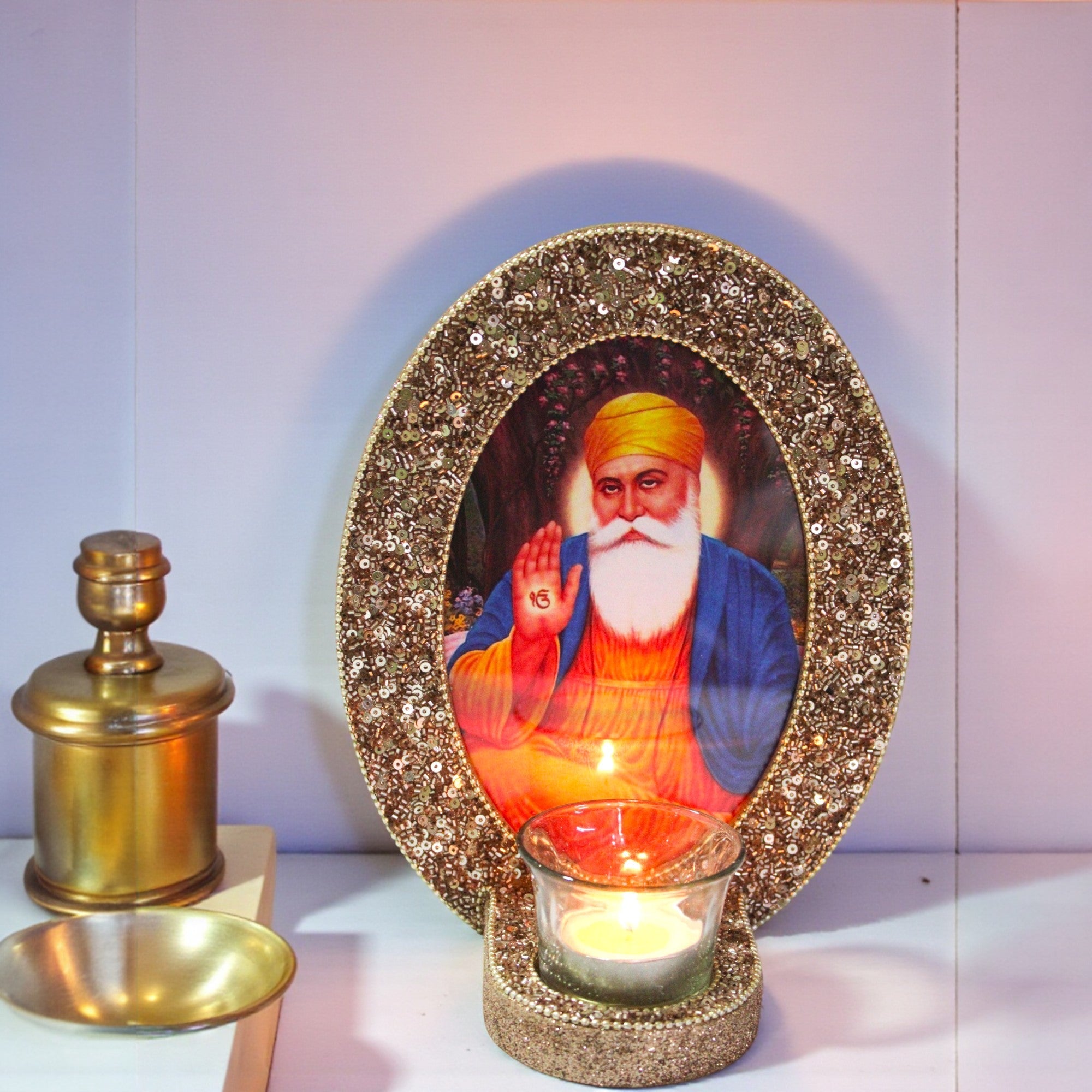 Guru Nanak Dev ji Golden Photo Frame Table Top with T-Light