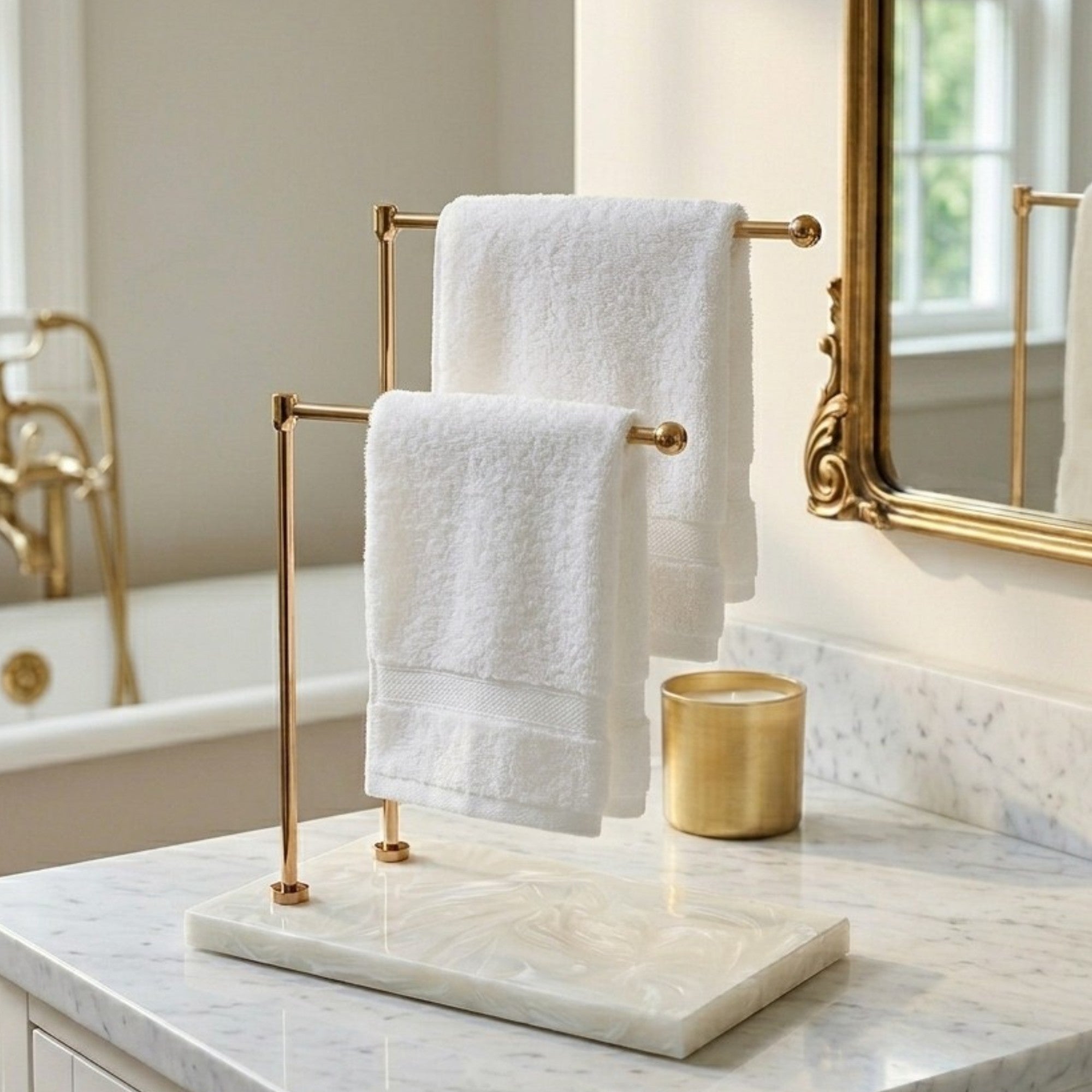  Gold Double Bar Hand Towel Stand with White Resin Marble Base 