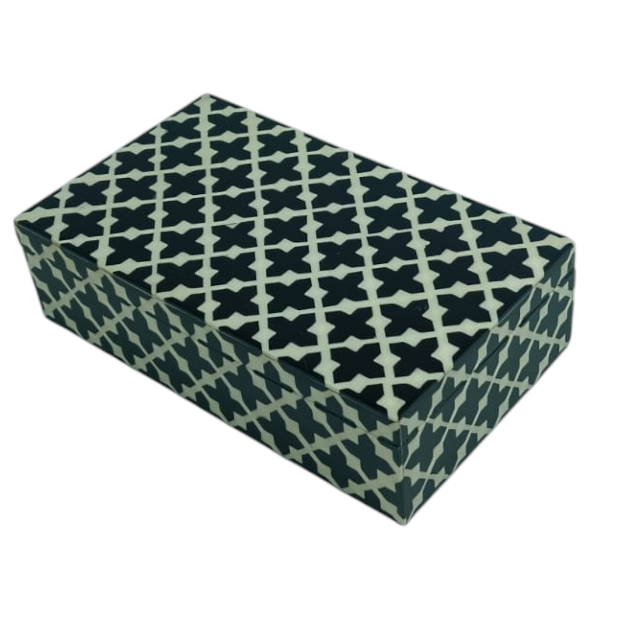 Geometric Lattice Storage Box - Black and Cream Bone Inlay Style