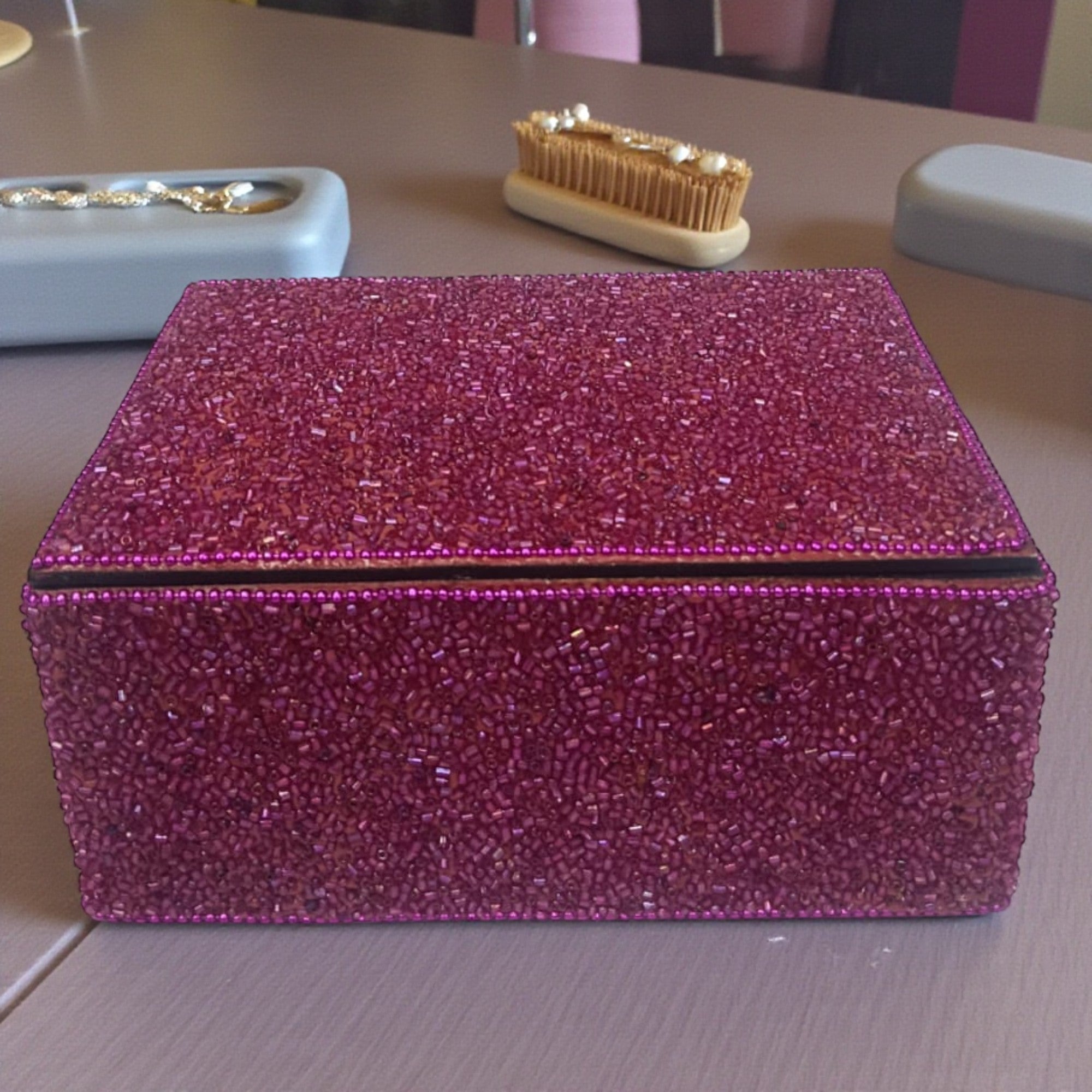 Hand-Beaded Jewelry Box with Deep Purple Trim