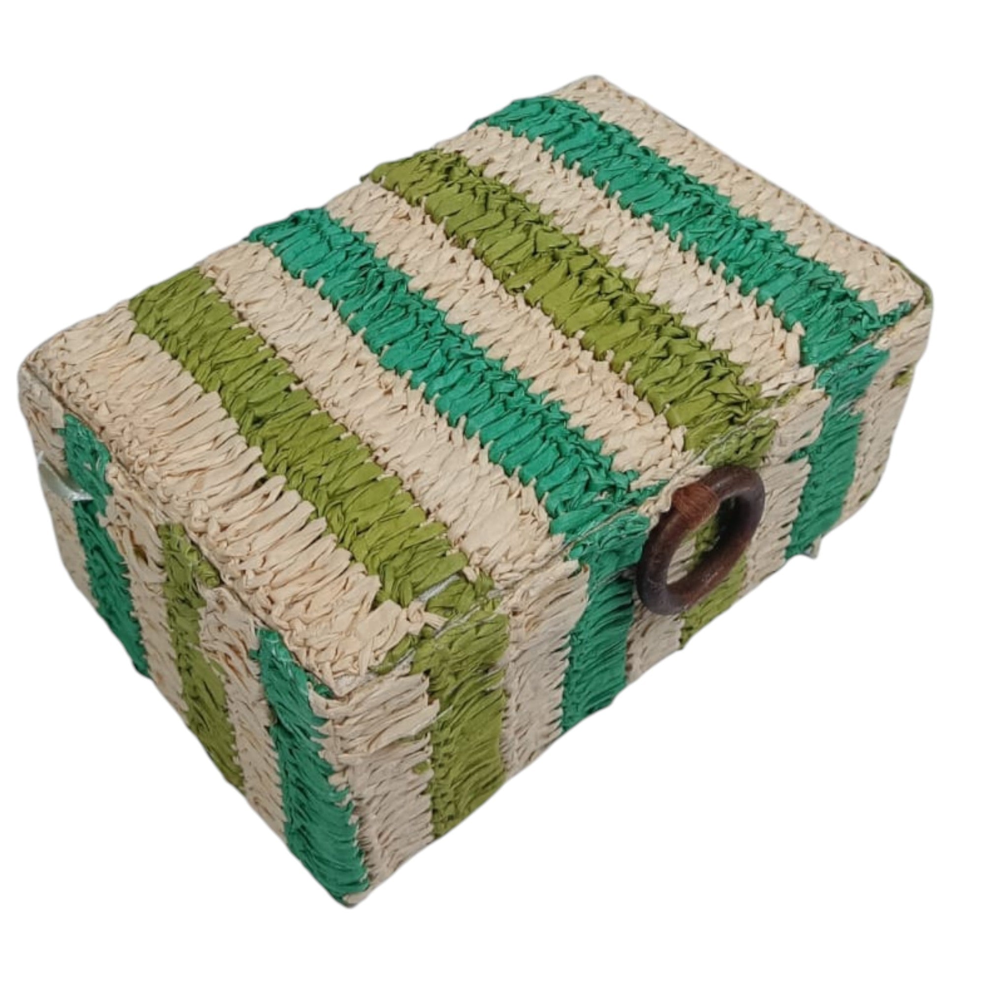 Hand-Woven Straw Storage Box with Green and Cream Stripes and Wooden Ring Closure