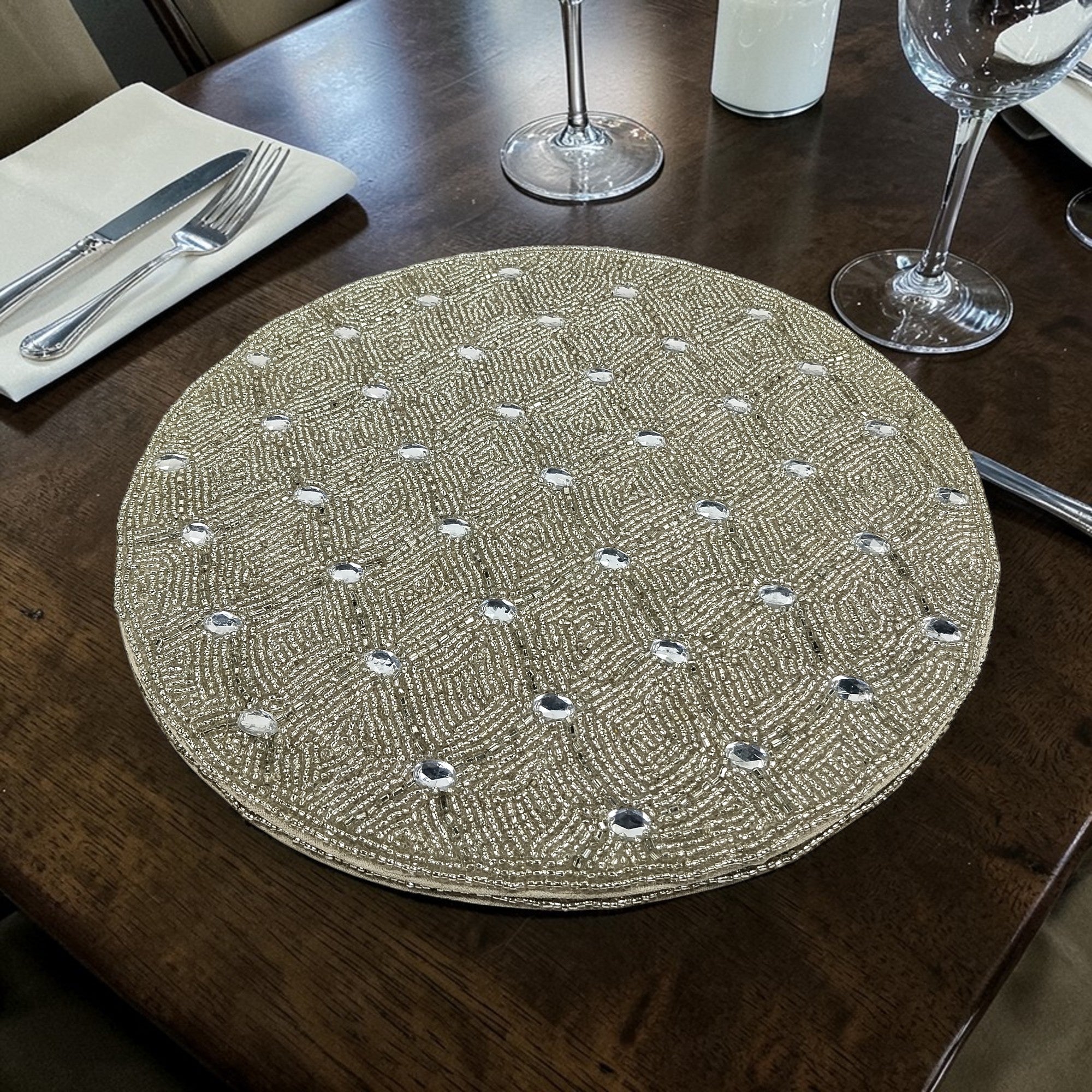 Diamond Design Silver Beaded Placemats for Dining Set of Two