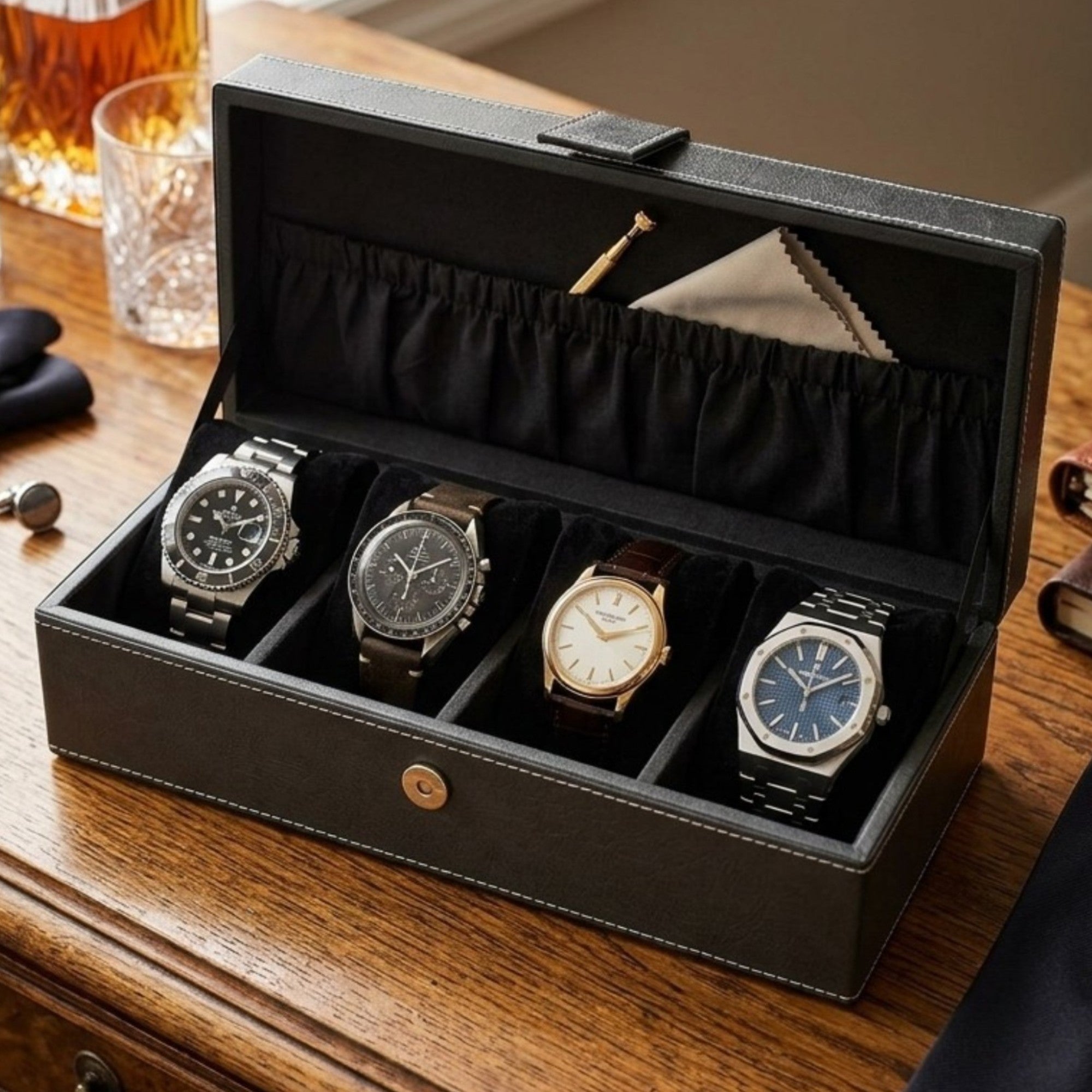 High-Quality Black PU Watch Box with Four Compartments