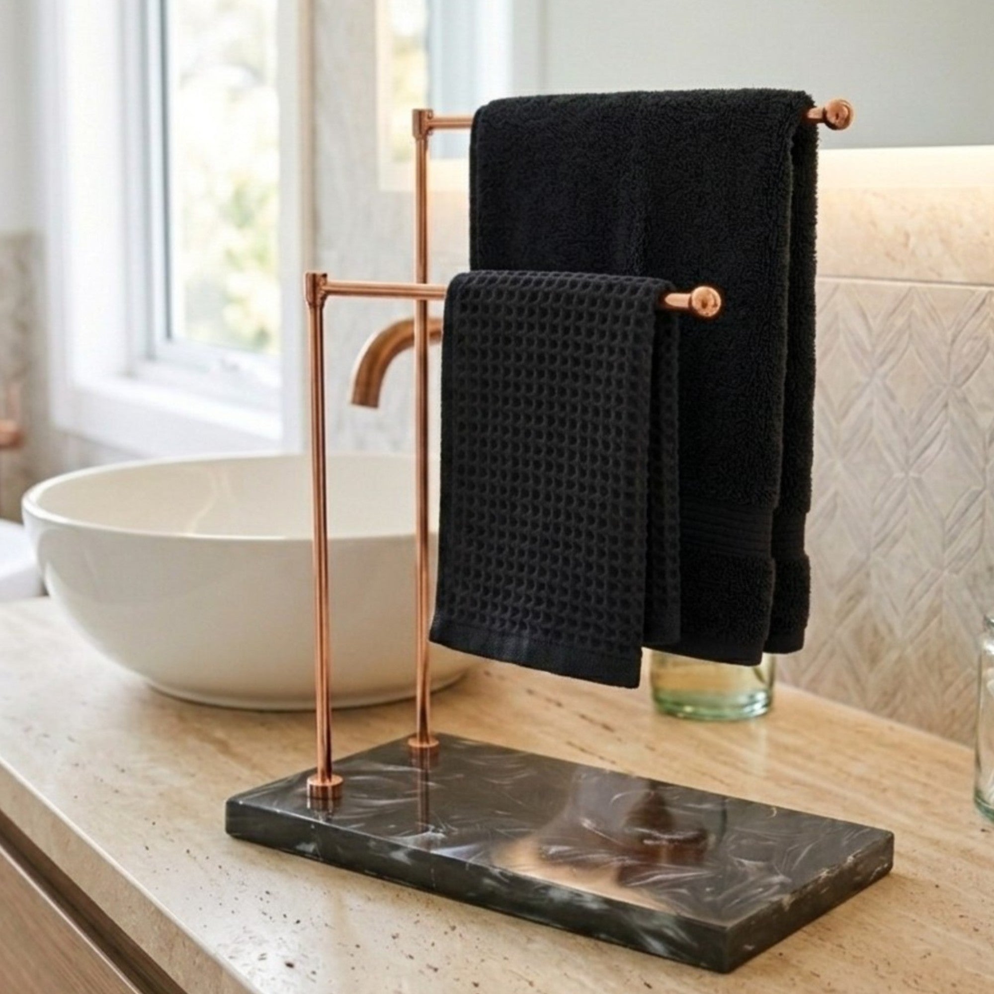  Gold Double Bar Hand Towel Stand with Black Resin Marble Base 