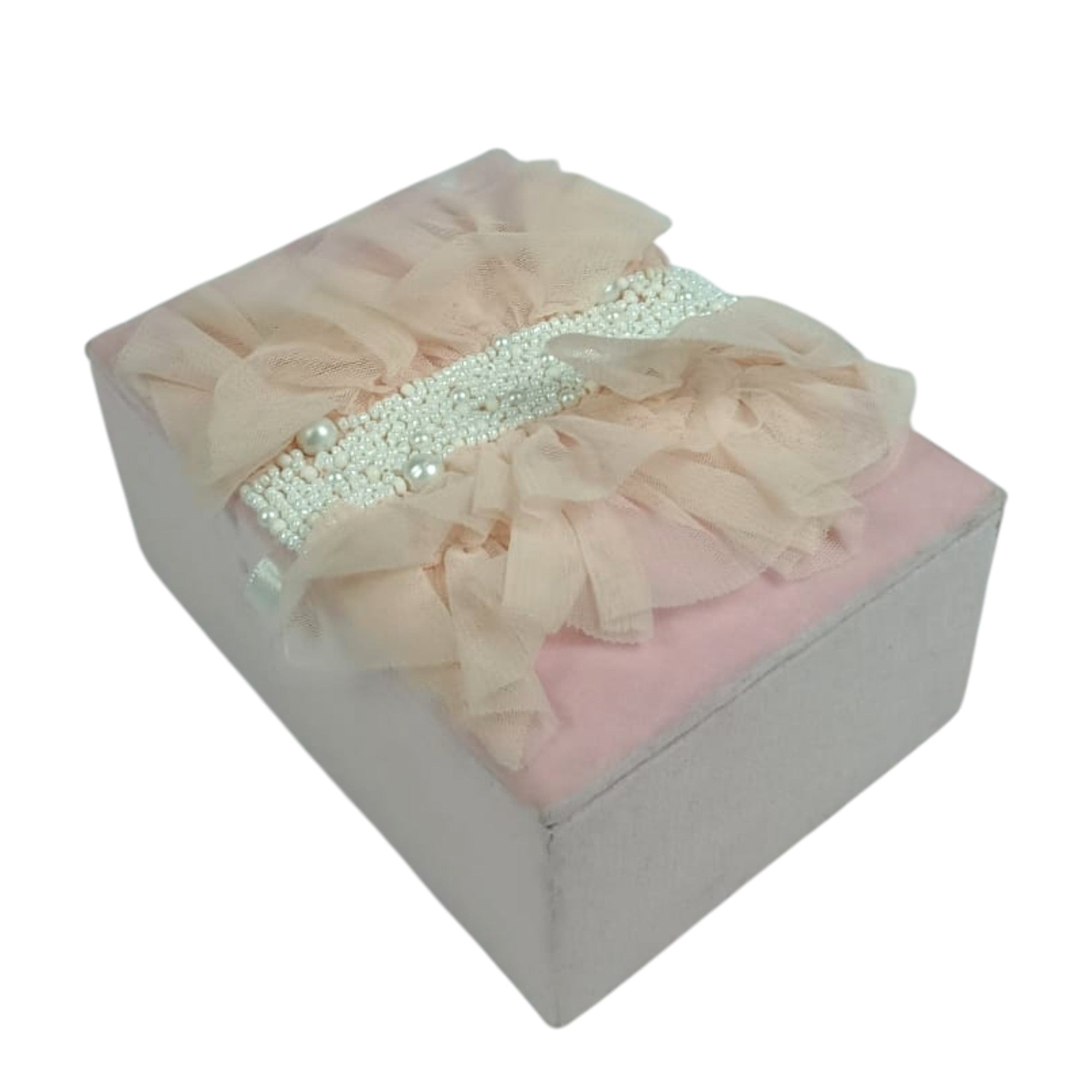 Blush Pink Velvet Jewelry Box with Tulle Ruffle and Pearl Embellishments