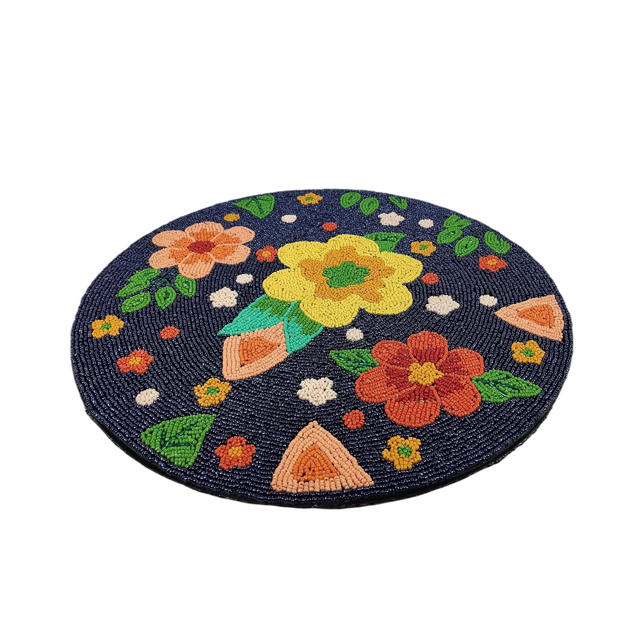 Round Beaded Floral Placemats Set of Two ( BLUE / MULTI)
