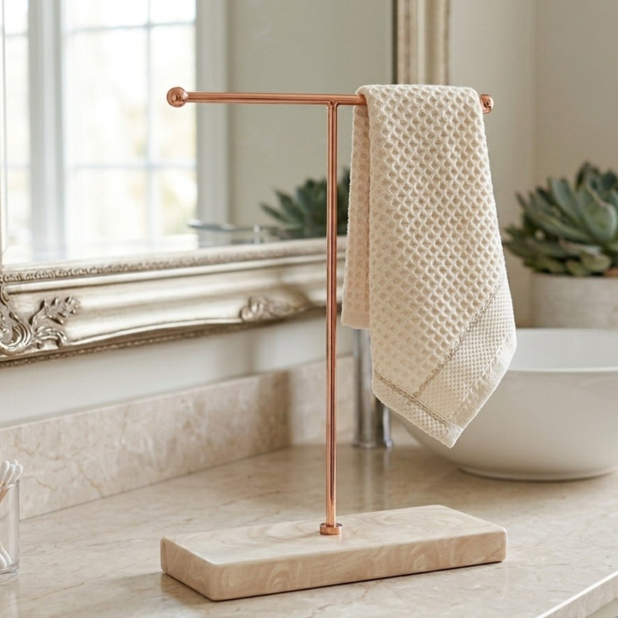  Premium Rose Gold Hand Towel Stand with Ivory Resin Marble Base 
