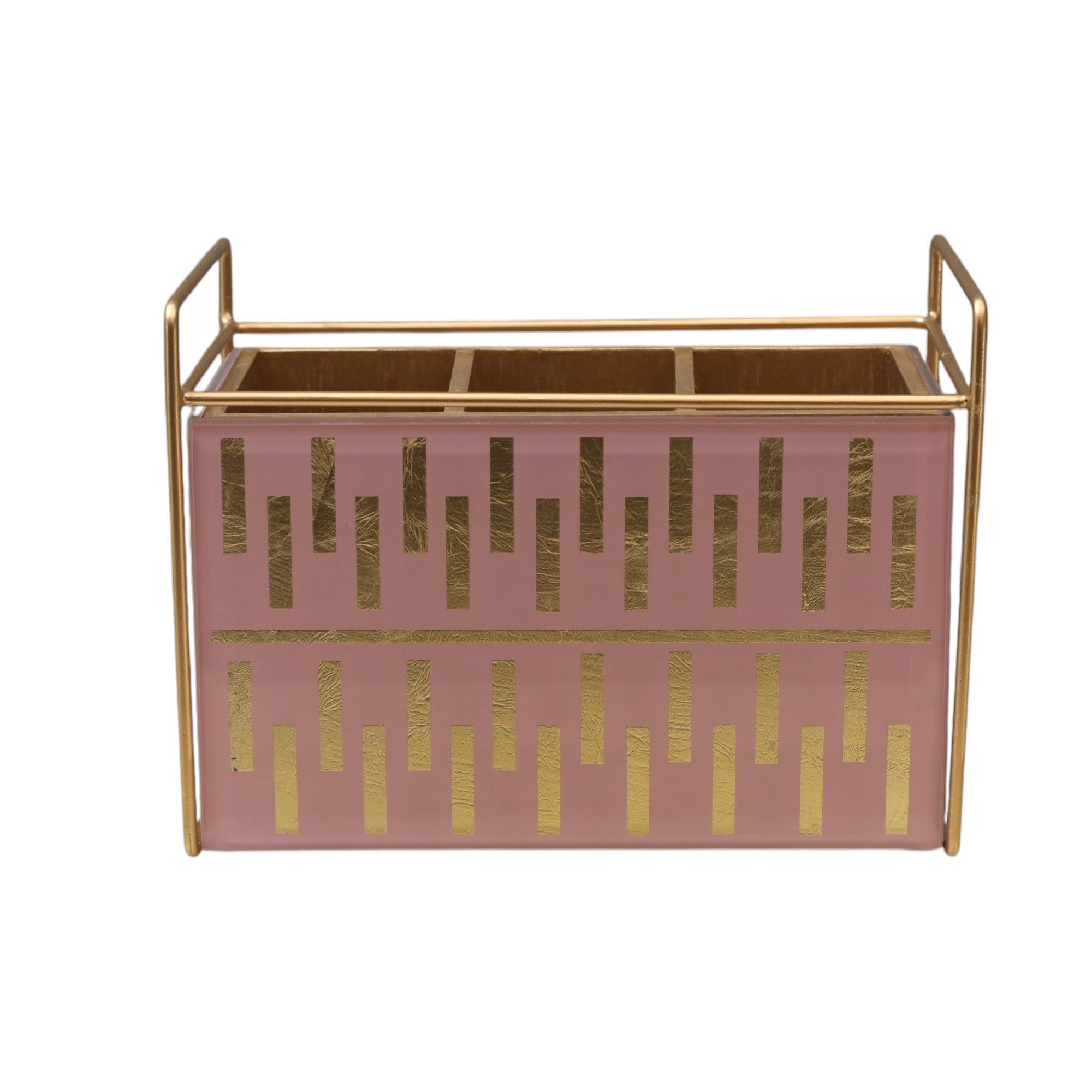 Luxury Pink Golden Glass Cutlery Holder With Three Partition