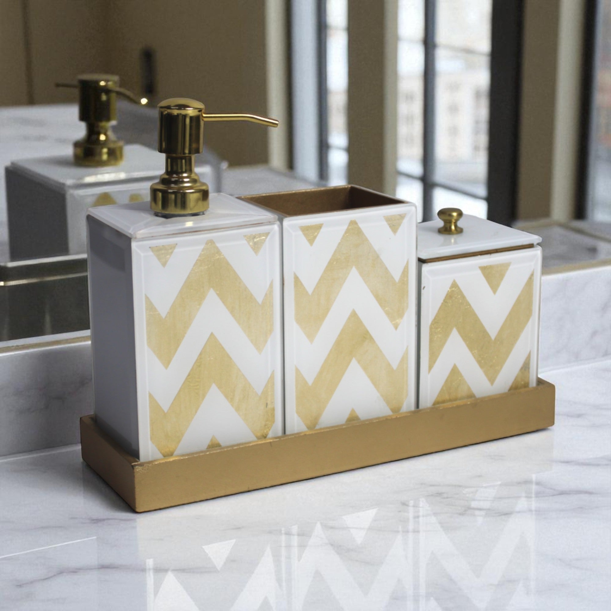 4-Pieces Modern White Golden Bathroom Accessory Set