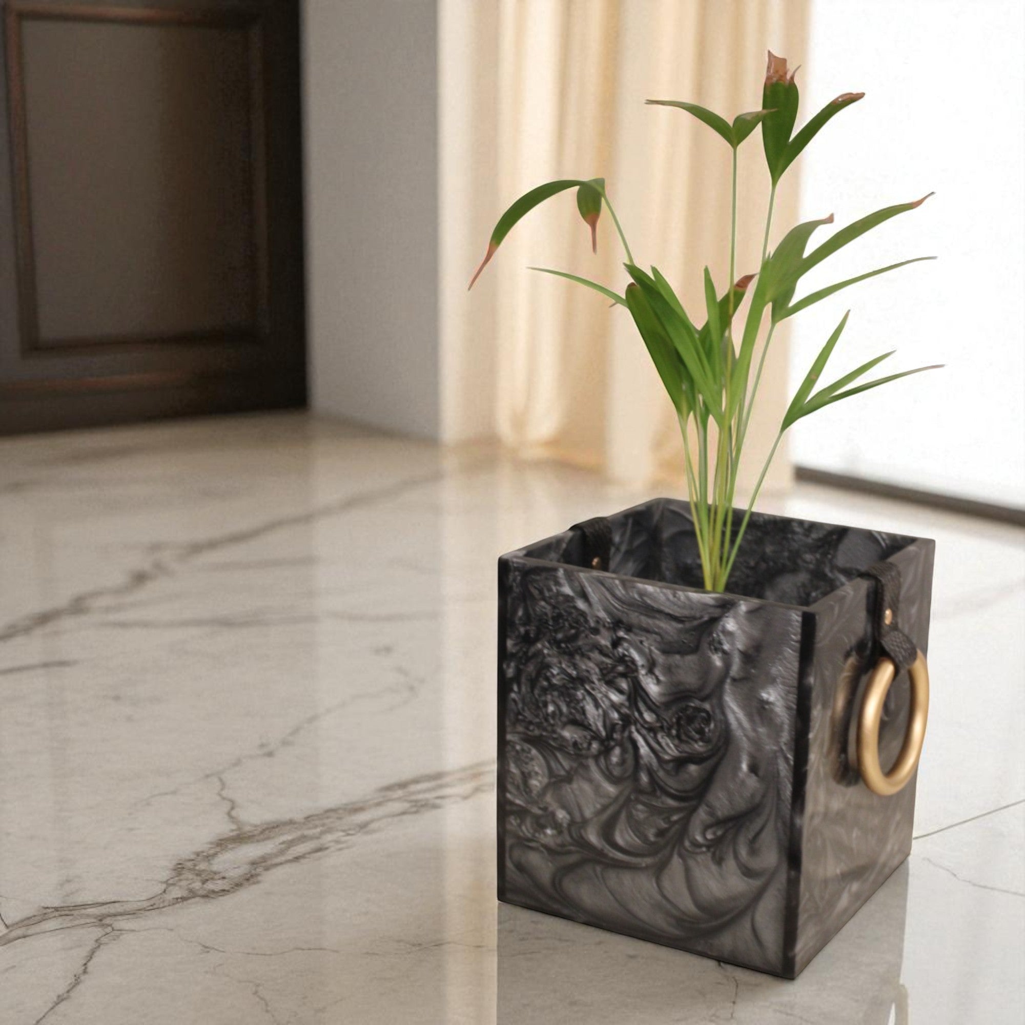 Black Resin Dustbin / Planter with Handles