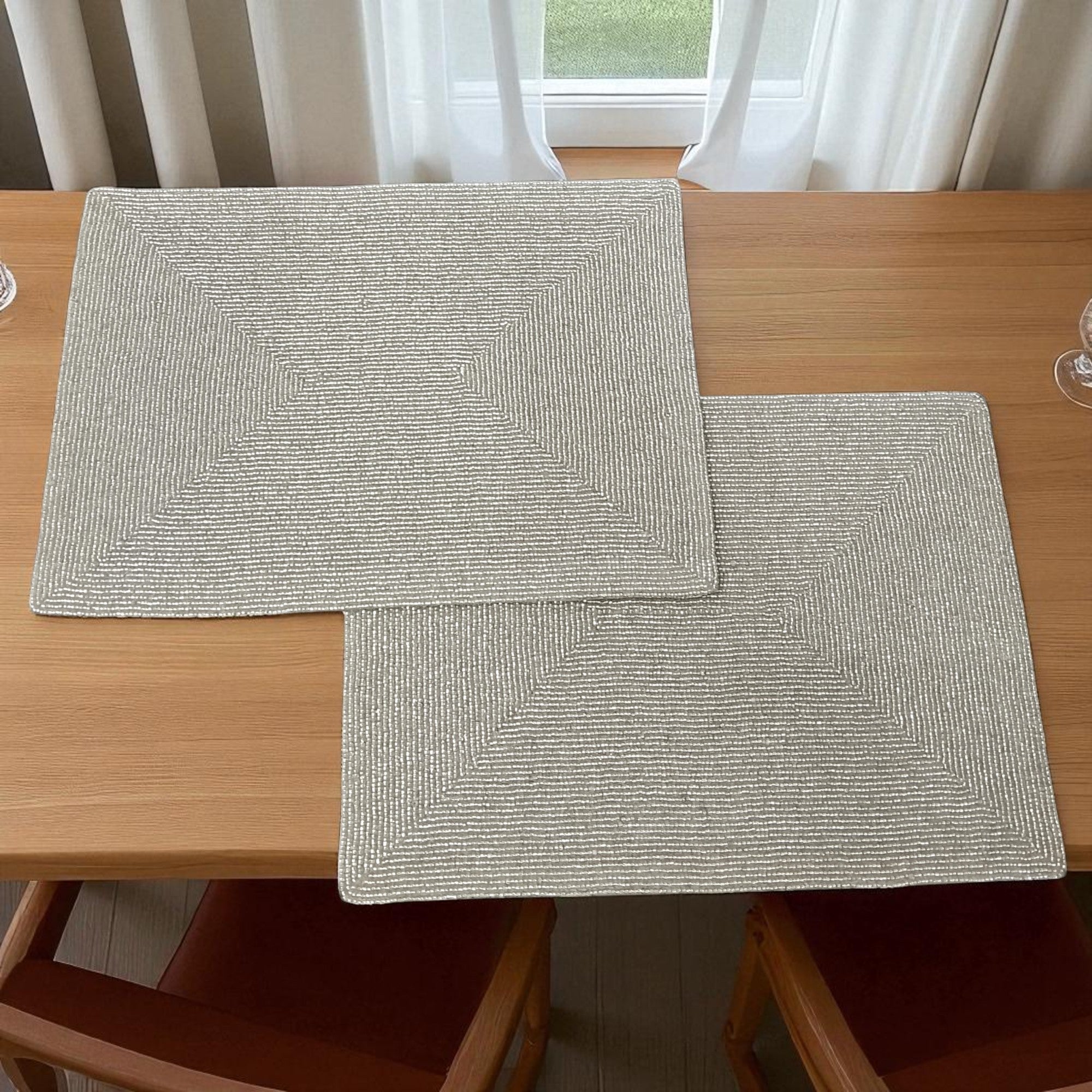 Silver Rectangular  Beaded Placemats for Dining Set of Two