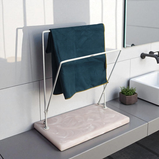 Dual Adjustable Metal Powder Coated Towel Stand with Beige Resin Base