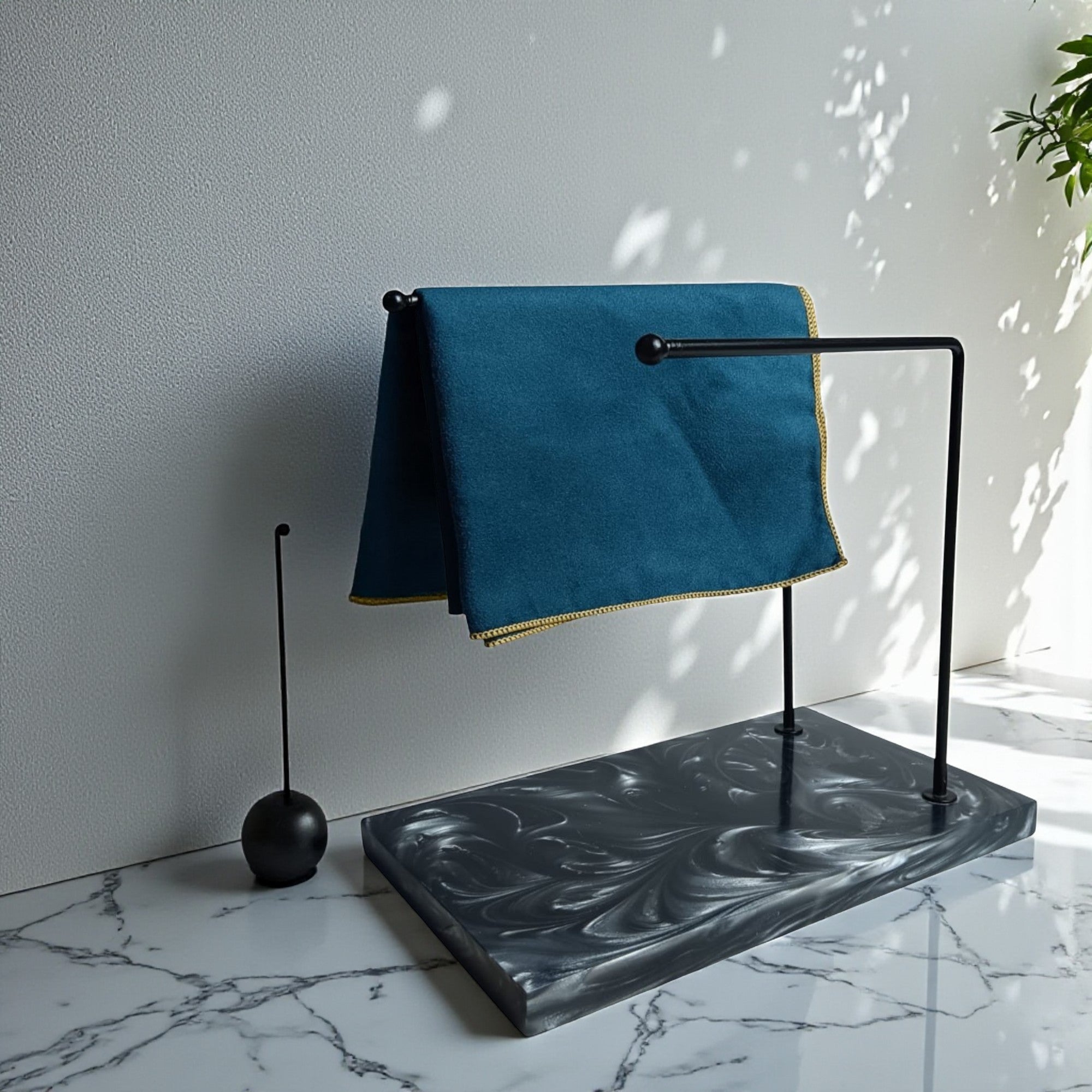 Dual Black Powder Coated Metal Towel Stand With Black Resin Base