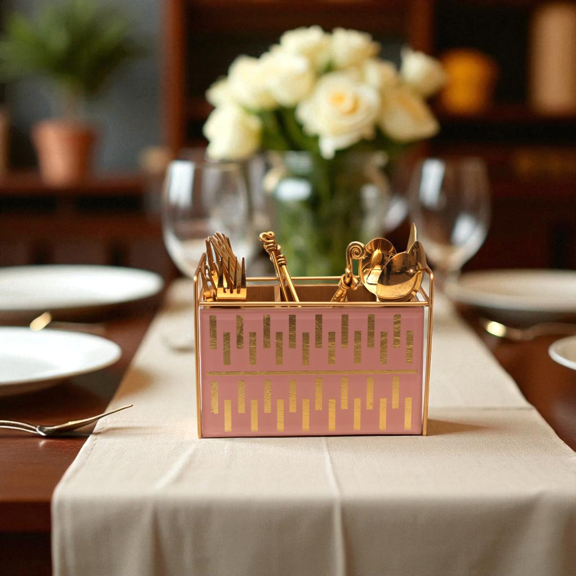 Luxury Pink Gold Glass Cutlery Holder With Three Partition