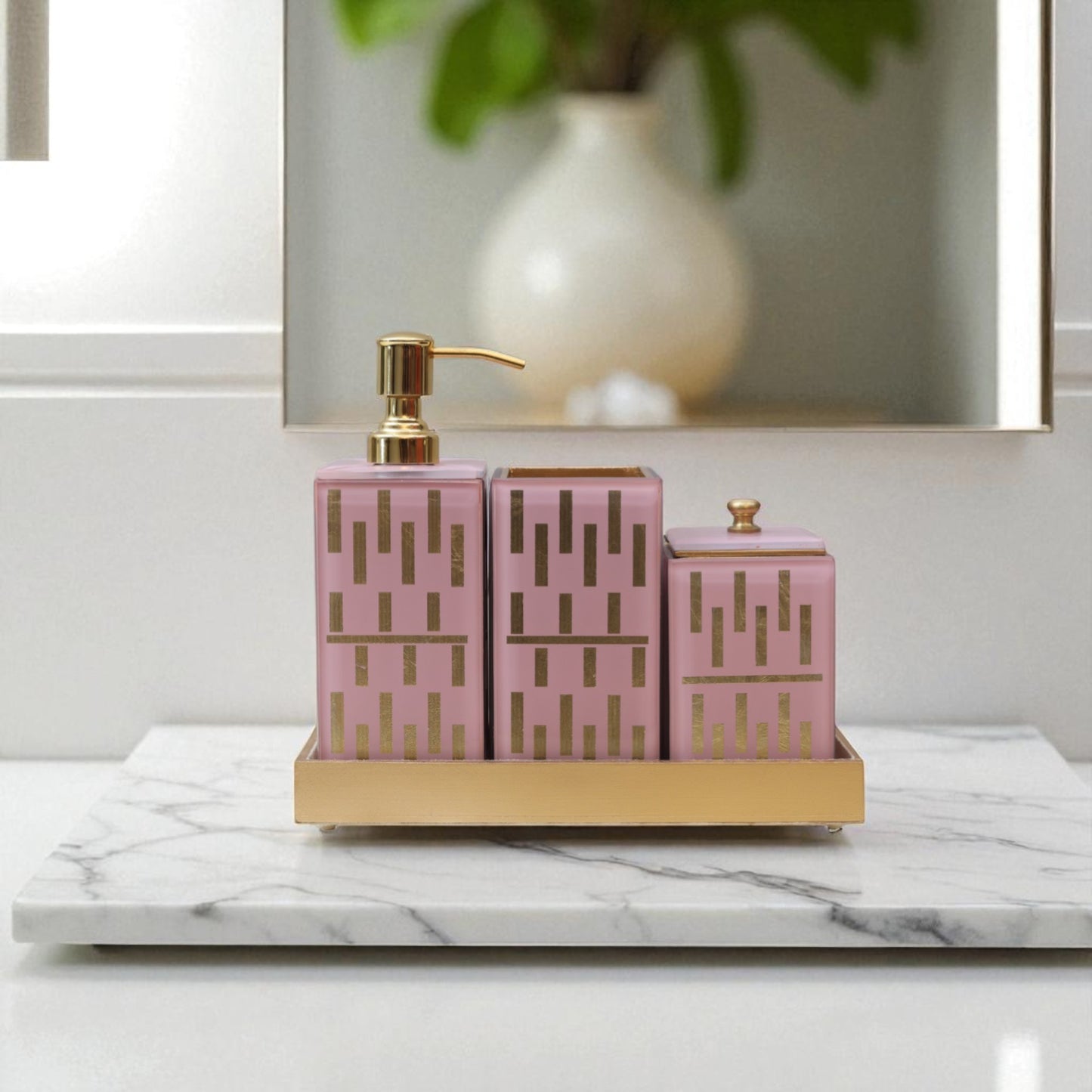 Designer Pink Gold Glass 4-Pieces Bathroom Accessory Set