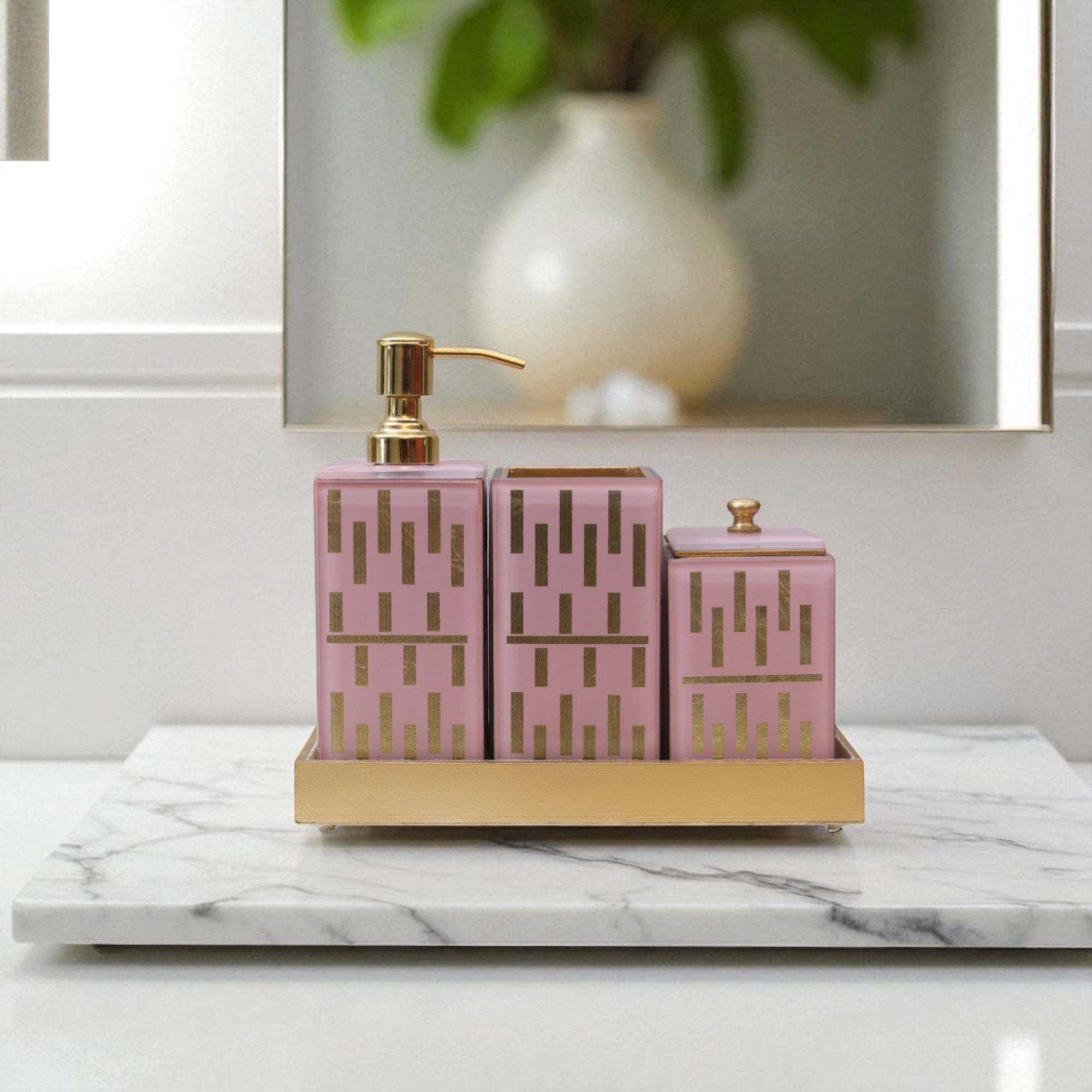 Designer Pink Golden Glass 4-Pieces Bathroom Accessory Set