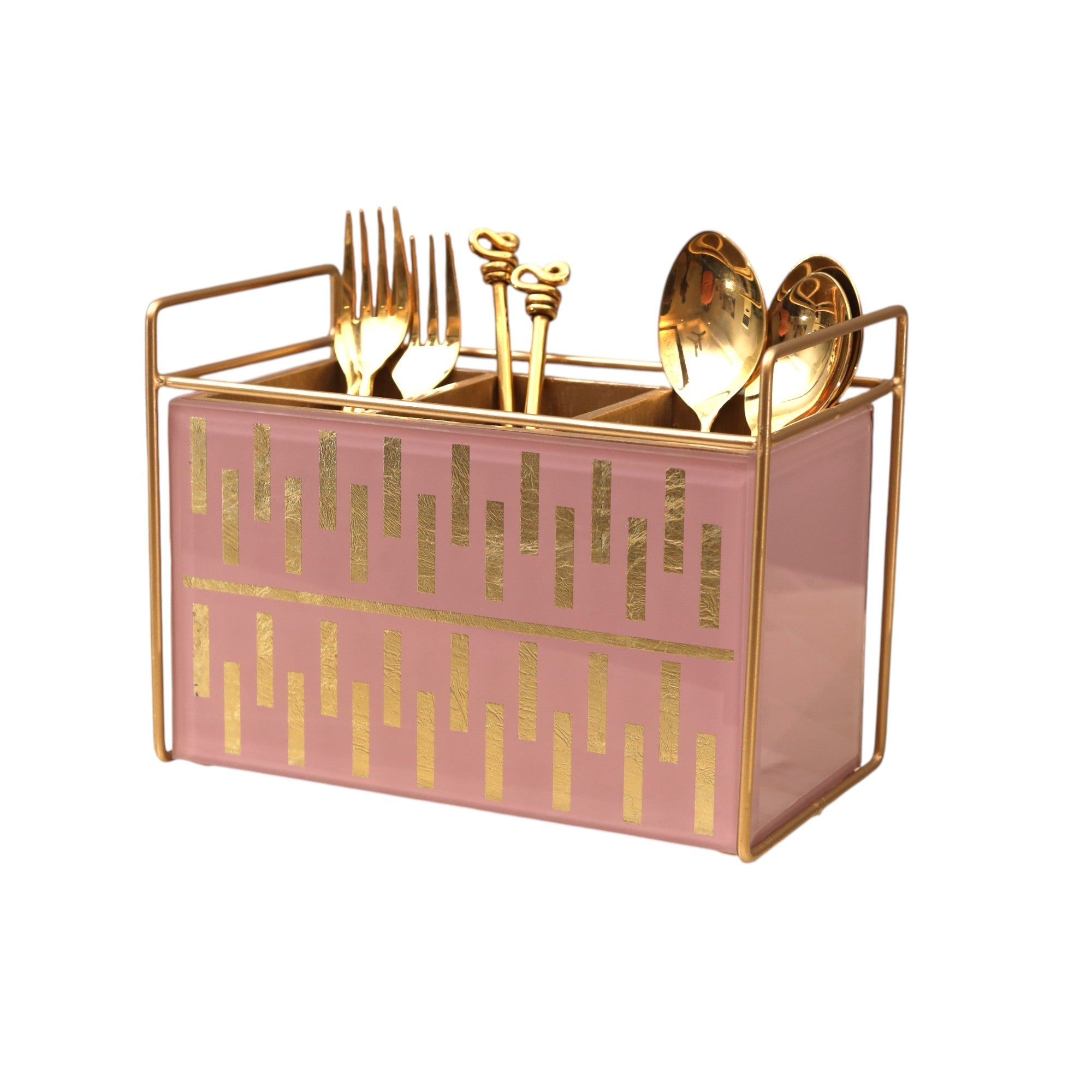 Luxury Pink Golden Glass Cutlery Holder With Three Partition