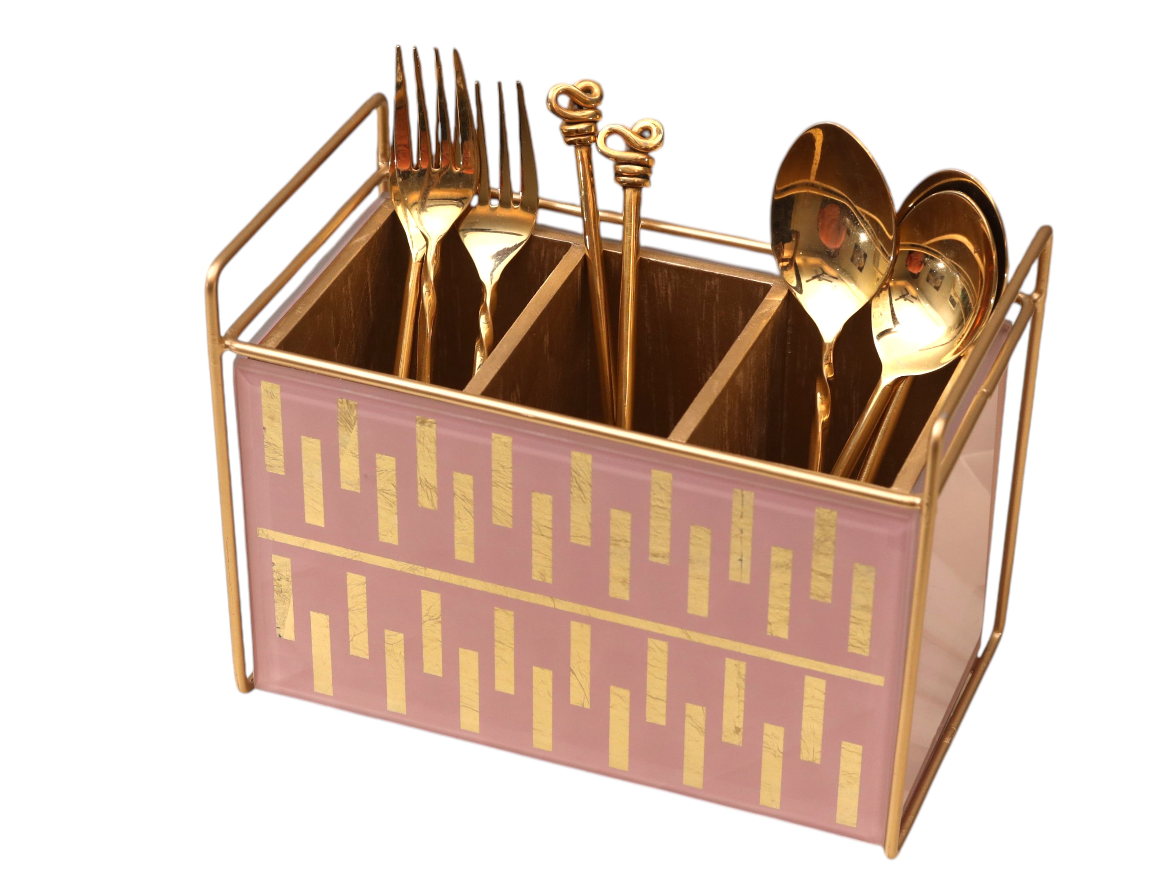 Luxury Pink Golden Glass Cutlery Holder With Three Partition