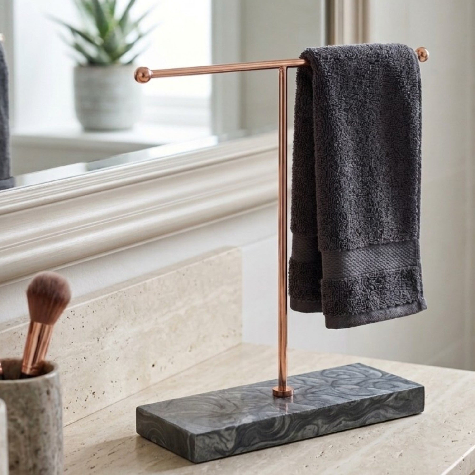  Rose Gold Hand Towel Stand with Black Marble Base 