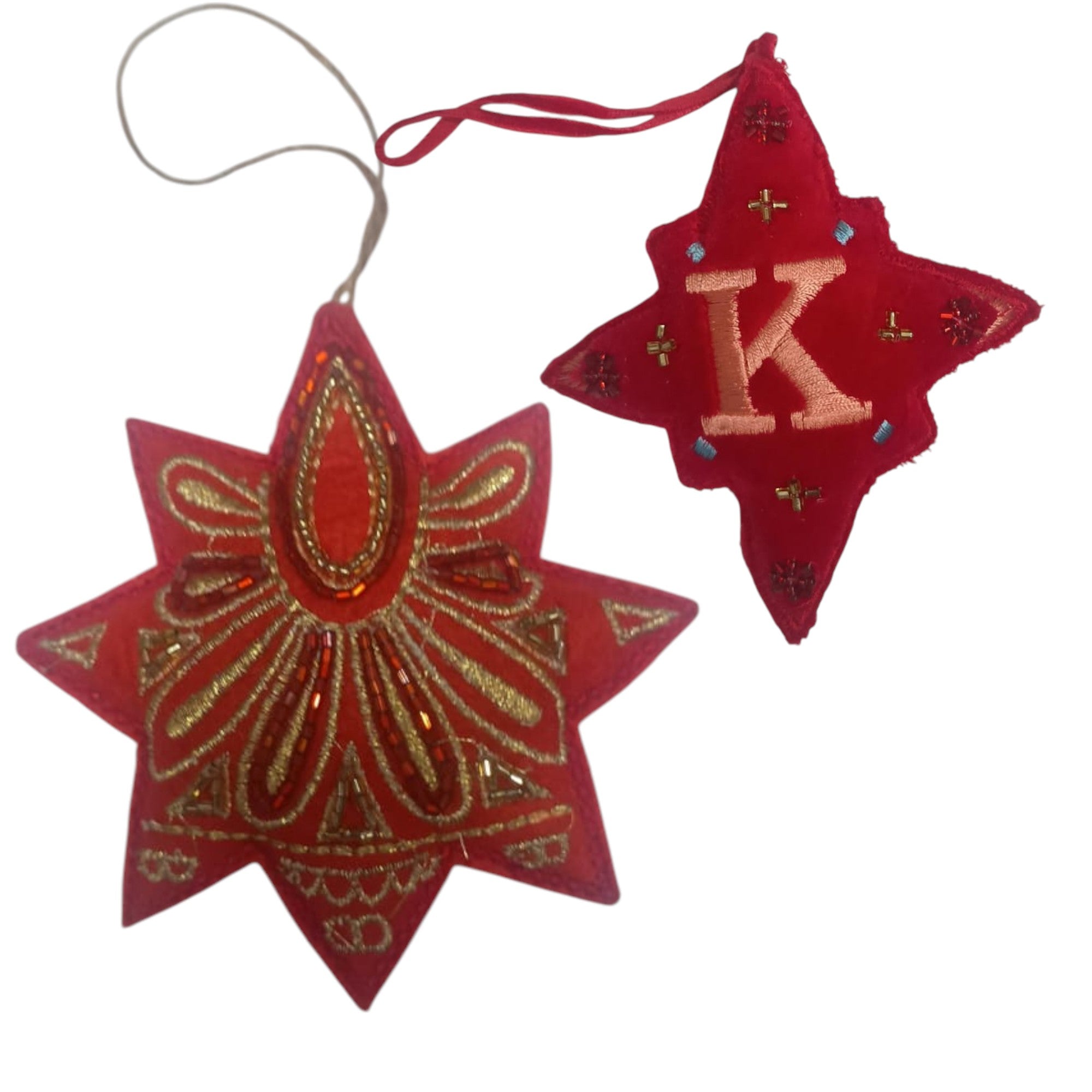  Set of 2 Embroided Star Shaped Christmas Ornament Tree Hanging 