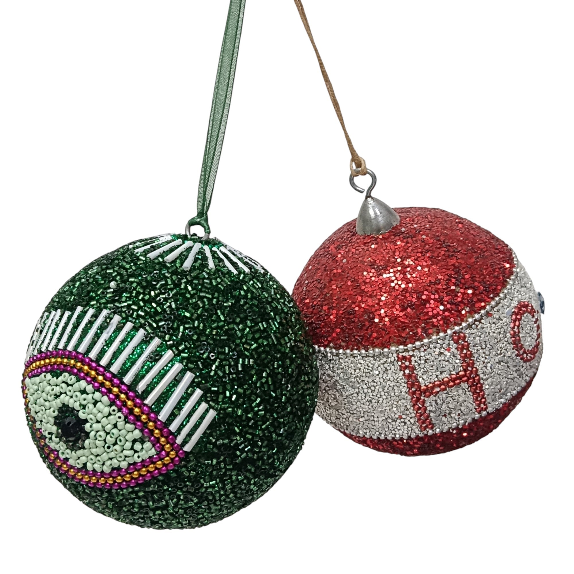 Set of 2 Glitter Beaded Balls Christmas Hangings