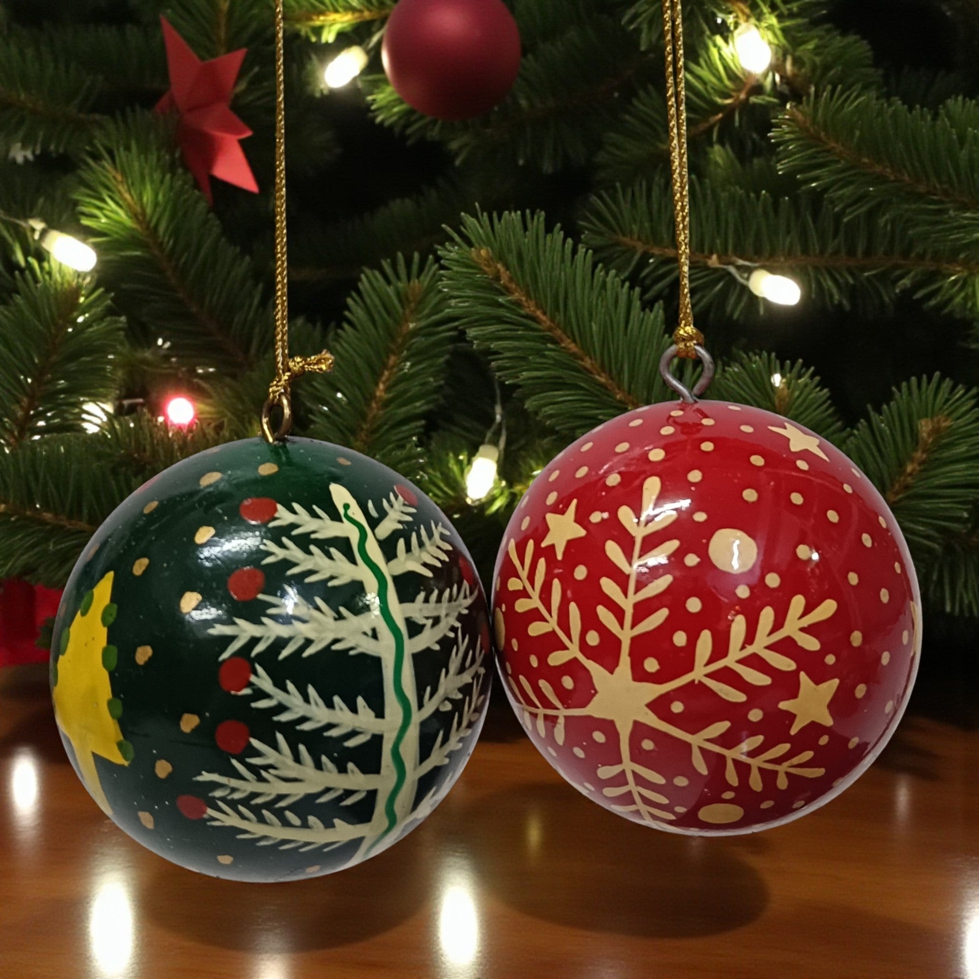 Set of 2 Painted Paper Mache Balls Christmas Hangings